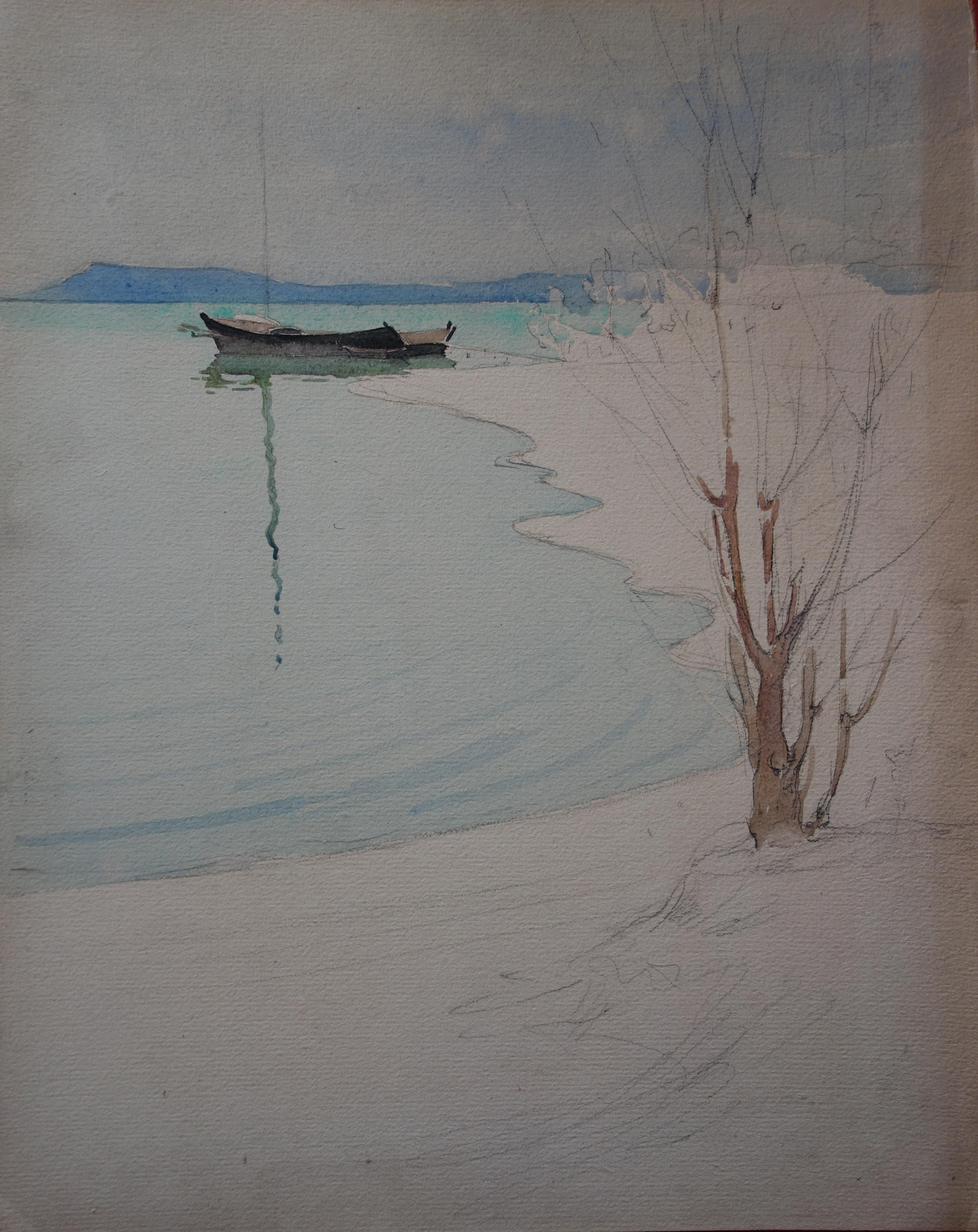 Le lac pendant l'hiver - Dessin original à l'aquarelle et au fusain  - Réalisme Art par Gustave Poetzsch