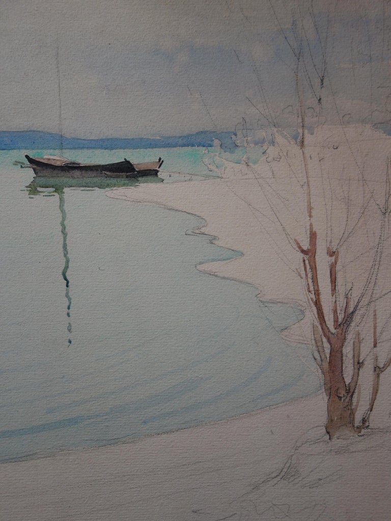 Gustave Poetzsch Landscape Art - The Lake During Winter - Original Watercolor and Charcoals Drawing 