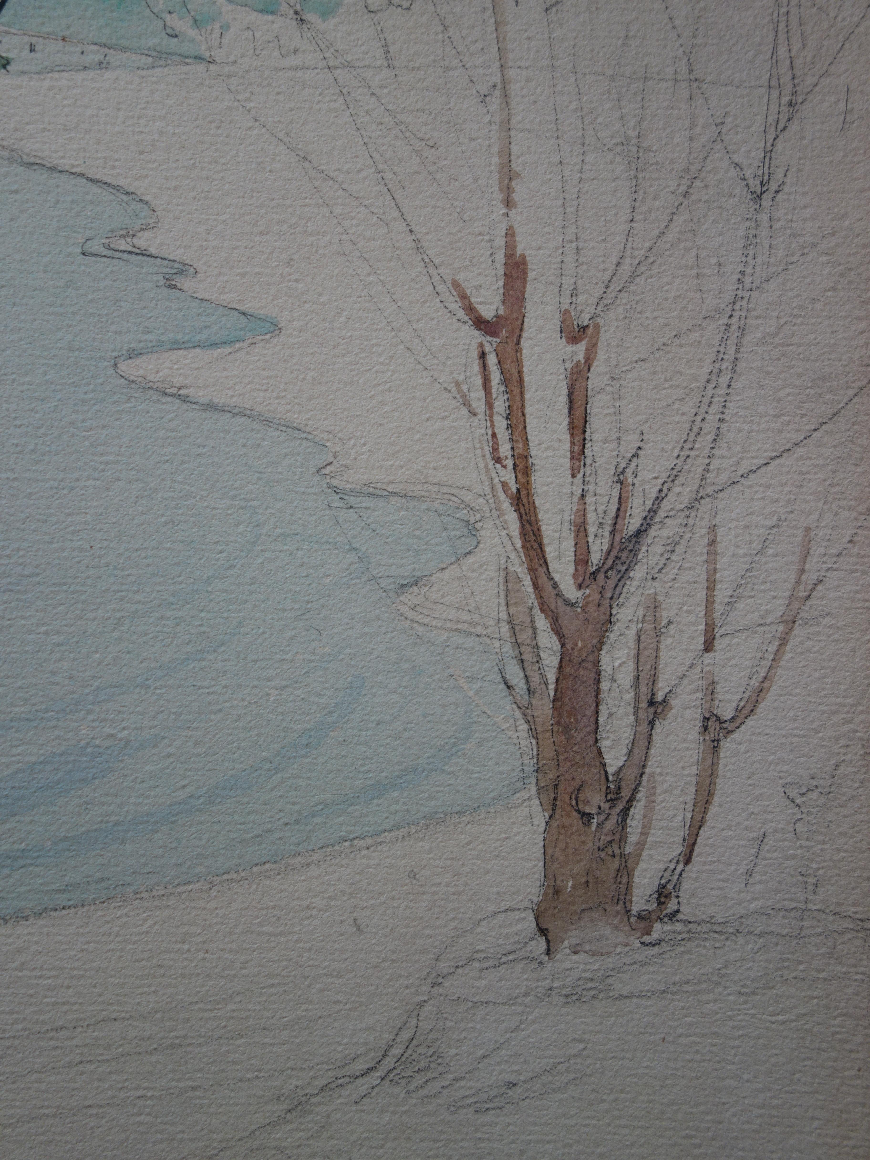 Gustave Poetzsch (1870-1950) 
Der See im Winter

Originalzeichnungen in Kohle und Aquarell
Stempel der Nachlassversteigerung auf der Rückseite
auf cremefarbenem Pergament, auf Karton aufgezogen 41 x 32 cm (ca. 16 x 13 in)

Sehr guter Zustand -