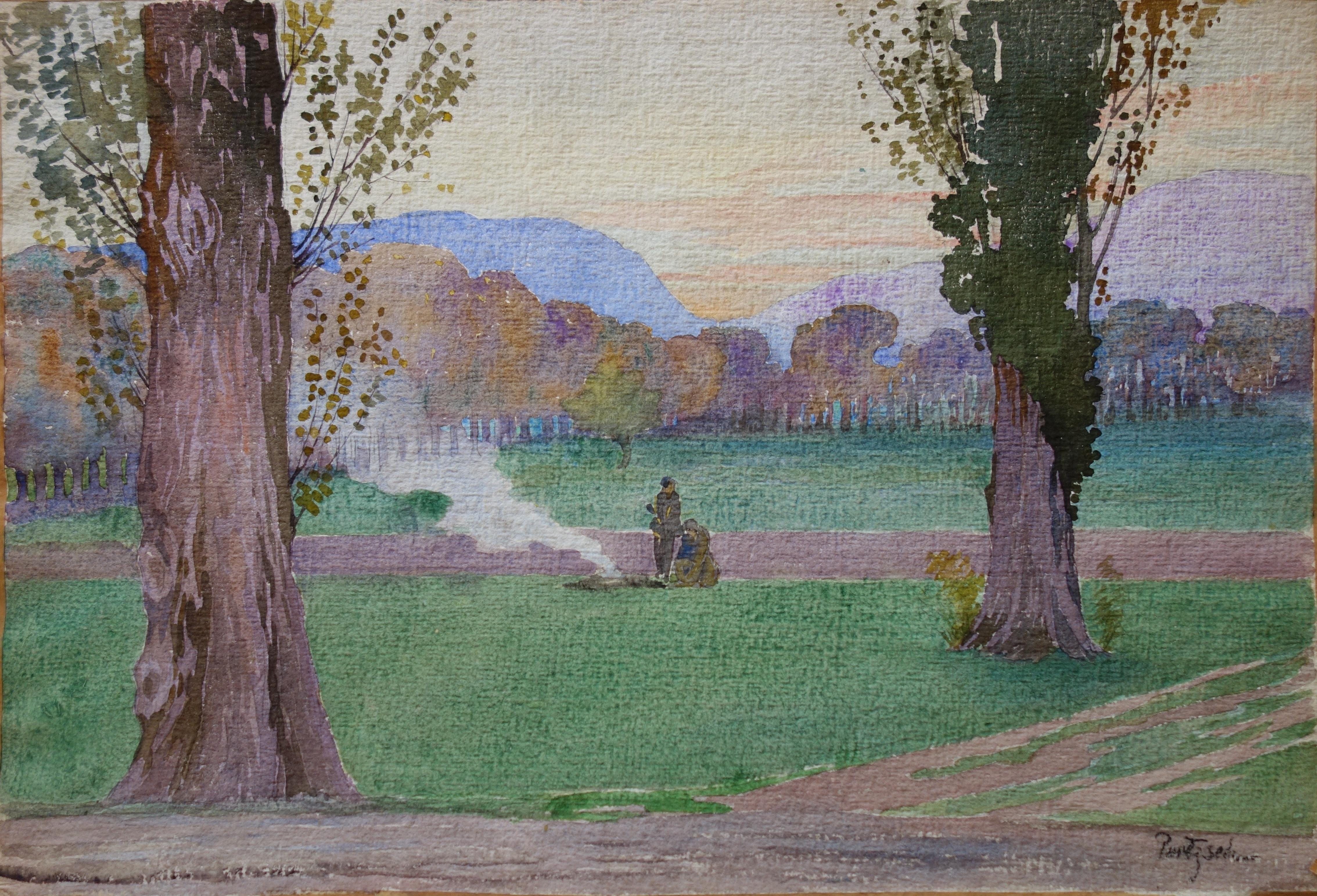 Gustave Poetzsch Landscape Art - Countryside : Walkers Enjoying a Break Near a Fire - Original Signed Watercolor