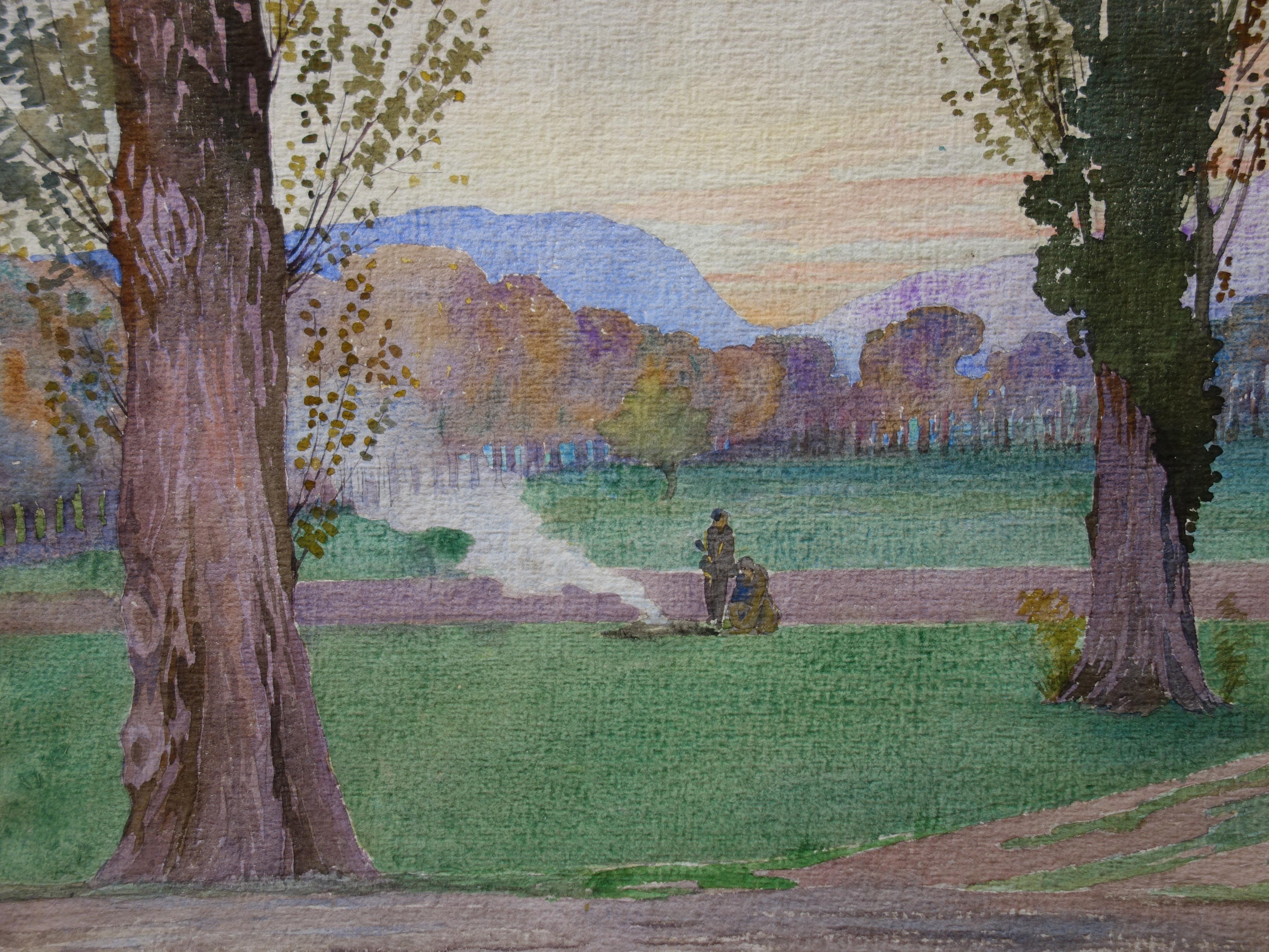 Countryside : Walkers Enjoying a Break Near a Fire - Original Signed Watercolor - Realist Art by Gustave Poetzsch