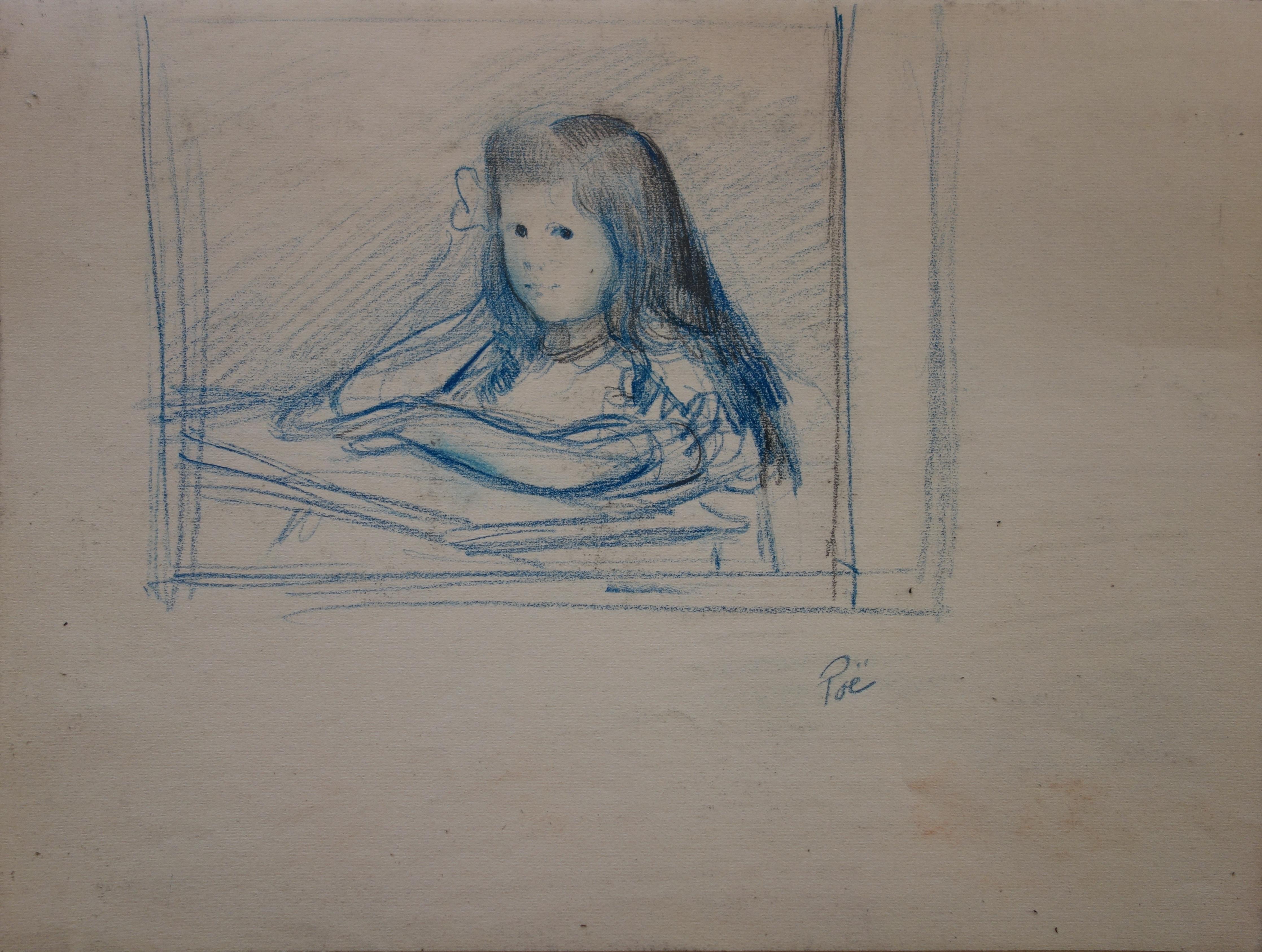 Young Girl Studying at the Table - Original signierte Bleistiftzeichnung  (Grau), Figurative Art, von Gustave Poetzsch