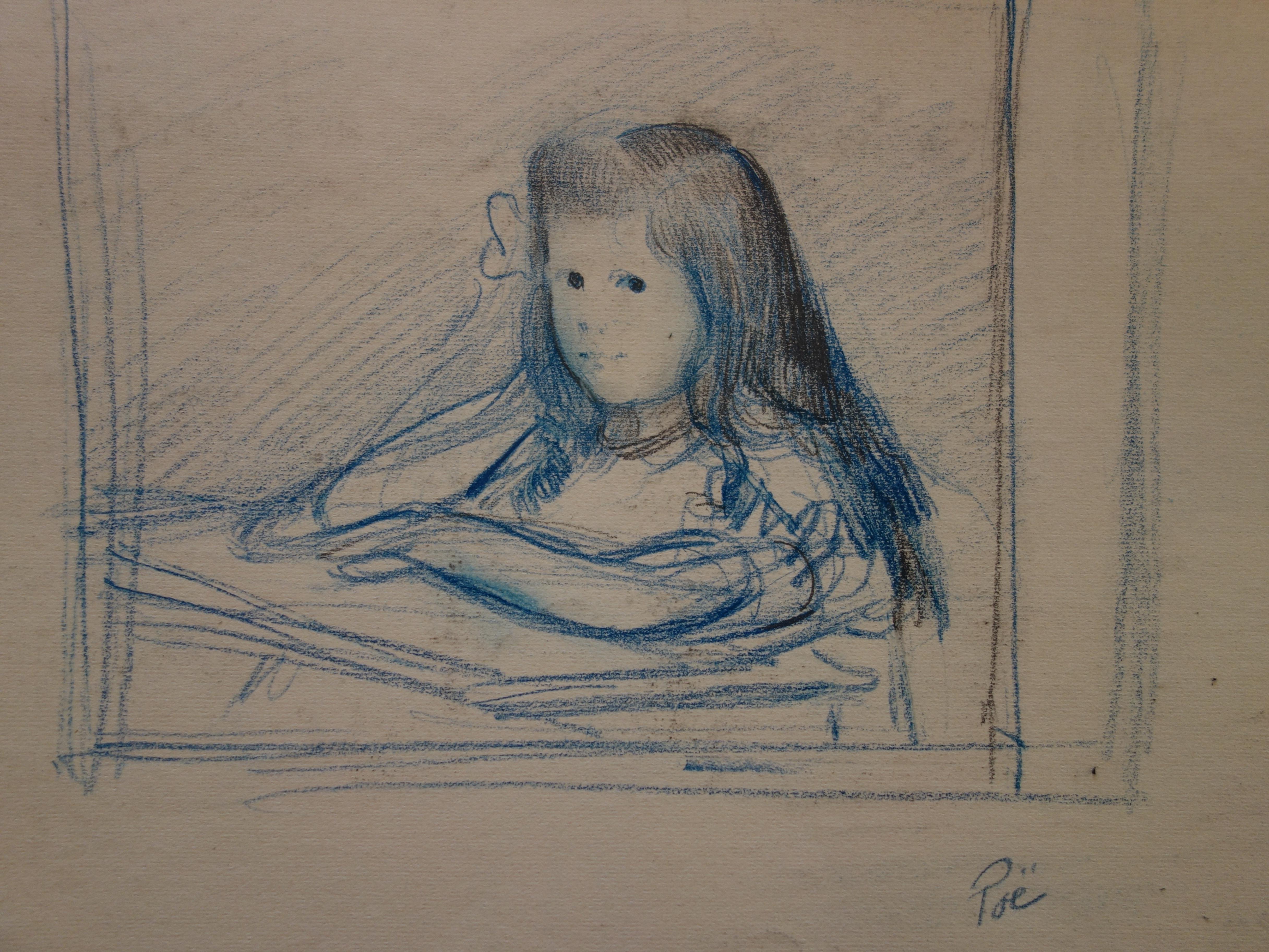 Young Girl Studying at the Table - Original Signed Pencil Drawing 