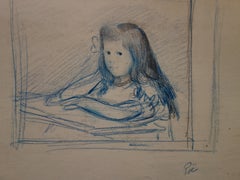 Young Girl Studying at the Table - Original Signed Pencil Drawing 
