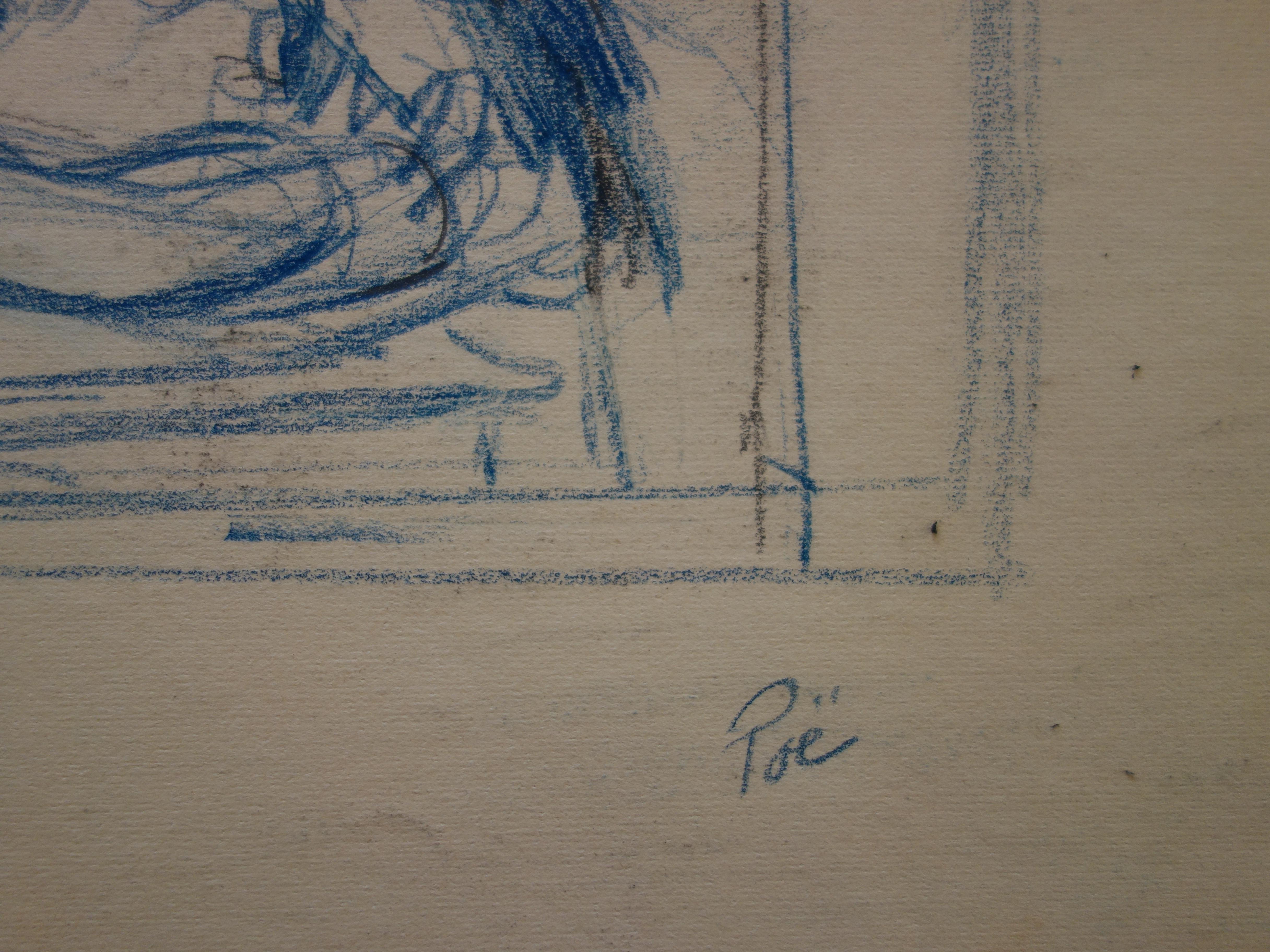 Young Girl Studying at the Table - Original signierte Bleistiftzeichnung  – Art von Gustave Poetzsch