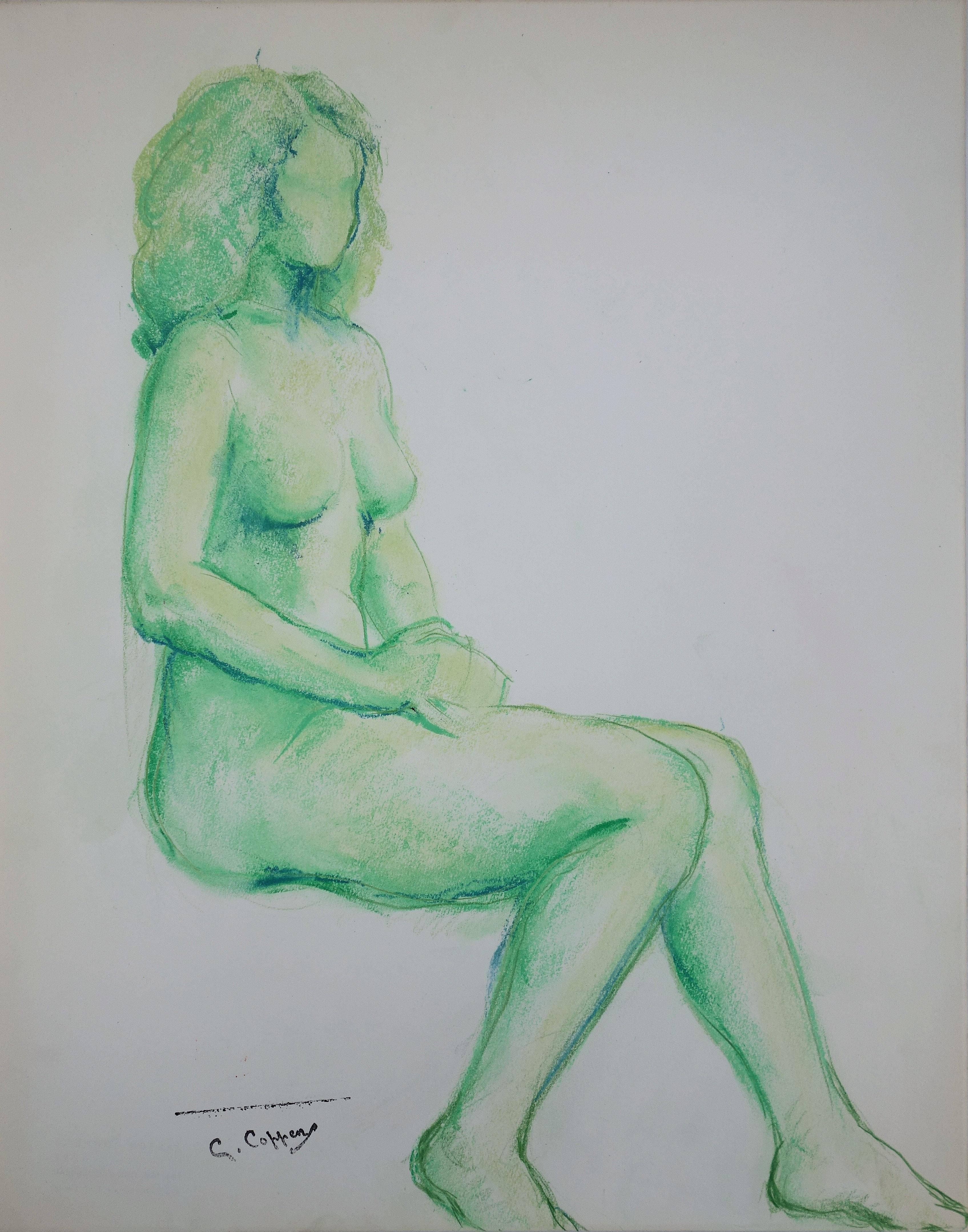 Nude Gaston Coppens - Nu en vert - dessin original au fusain