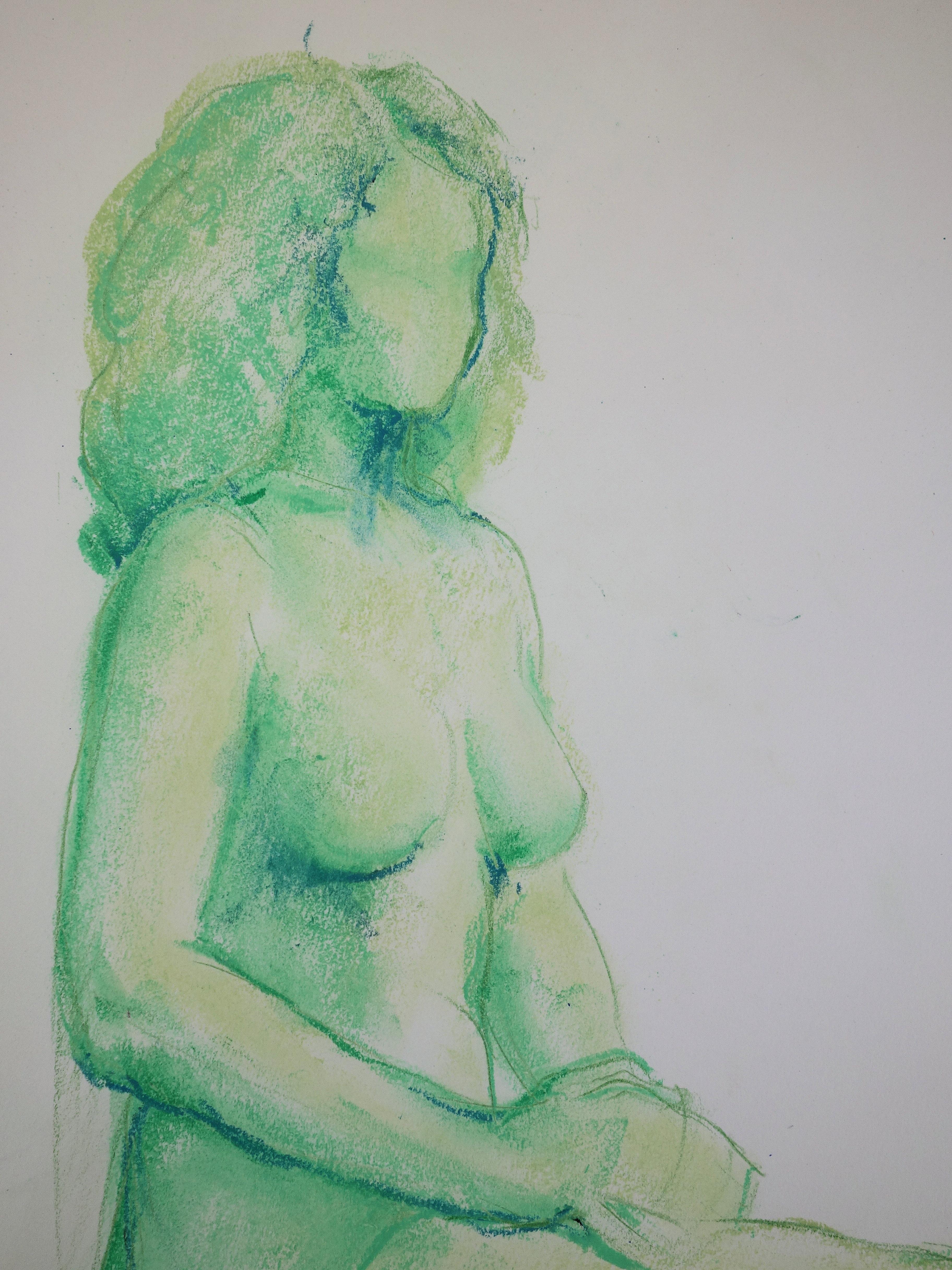 Nu en vert - dessin original au fusain - Gris Nude par Gaston Coppens
