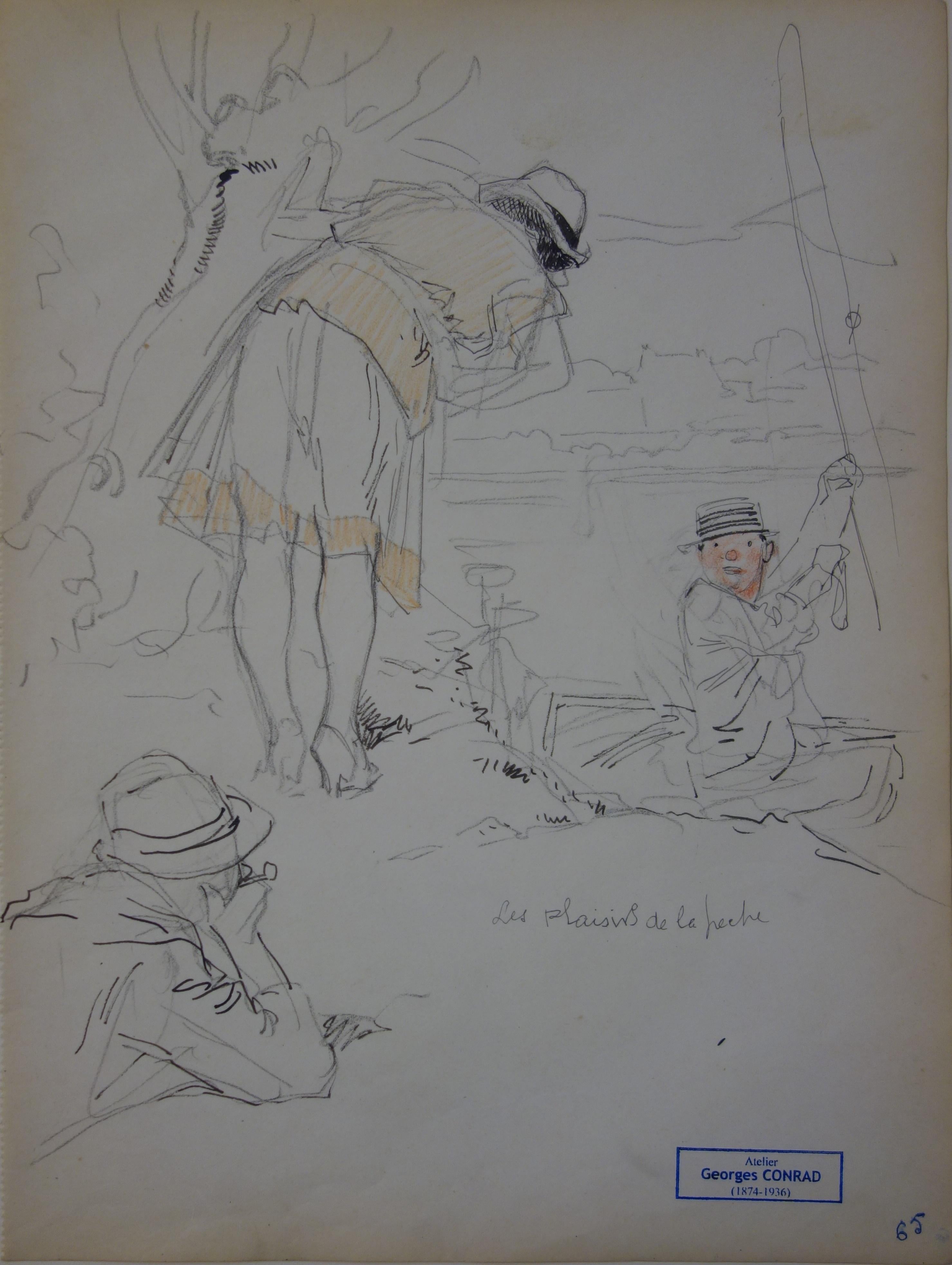 Georges Conrad Figurative Art - Fishing Party - Pencil drawing - circa 1914