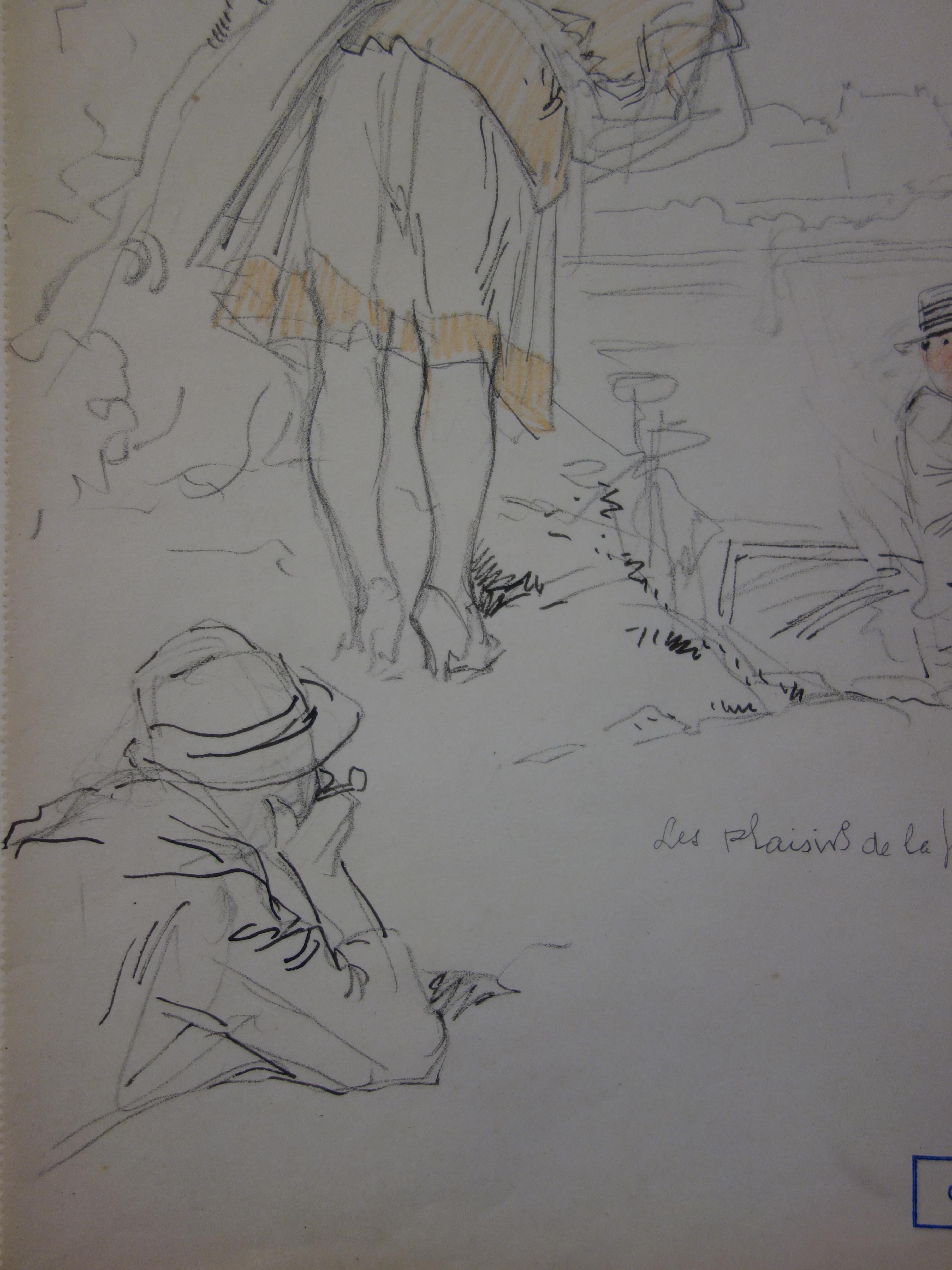 Fischerfest - Bleistiftzeichnung - um 1914 (Grau), Figurative Art, von Georges Conrad