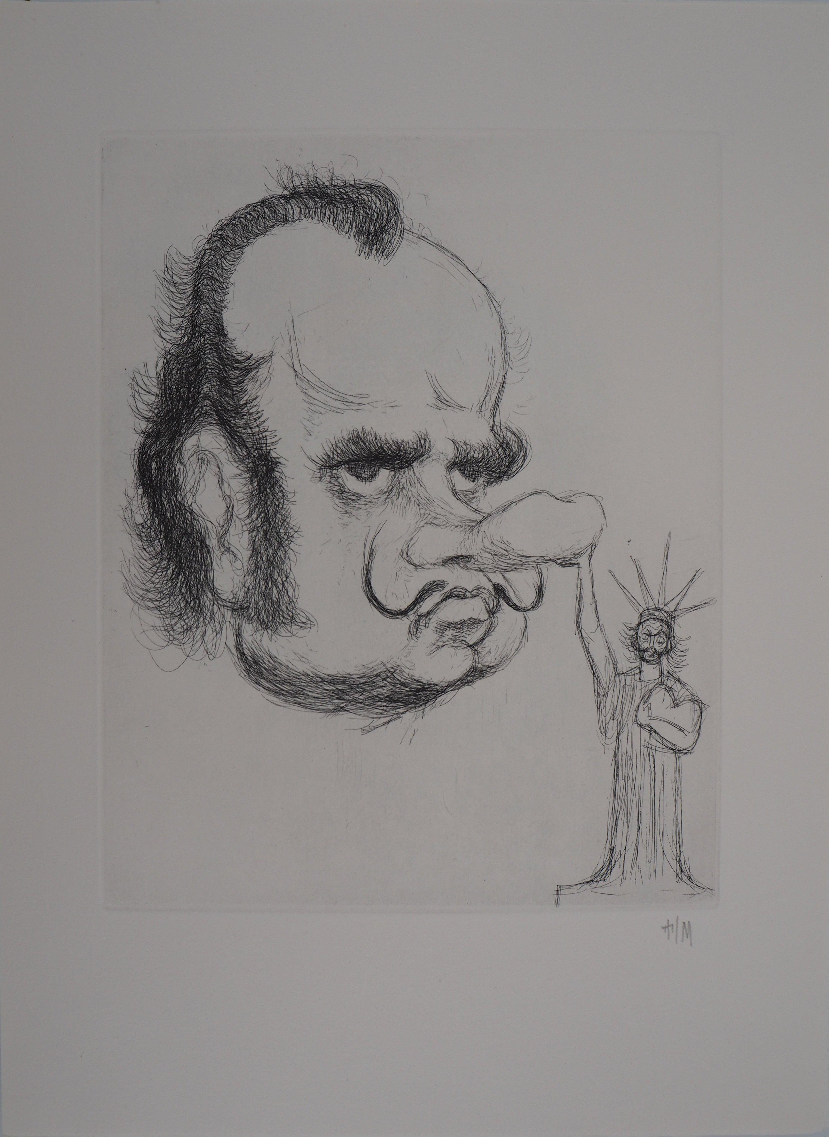 Louis Mitelberg Portrait Print - Caricature of Salvador Dali as President Nixon - Handsigned etching, 1971