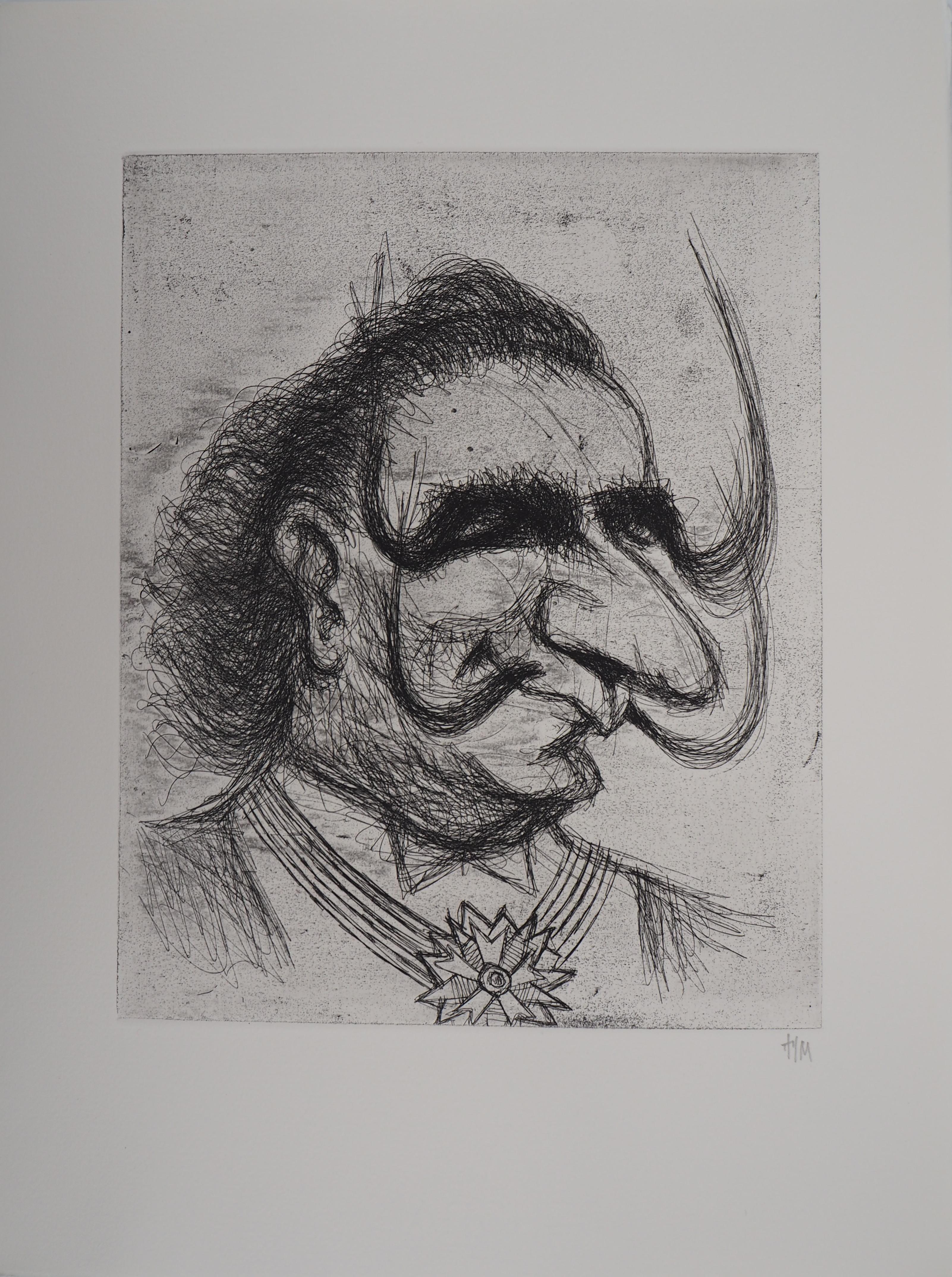 Portrait Print de Louis Mitelberg - Caricatura de Salvador Dalí con doble bigote - Grabado firmado a mano, 1971