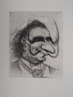 Caricature of Salvador Dali with Double Mustach - Handsigned etching, 1971