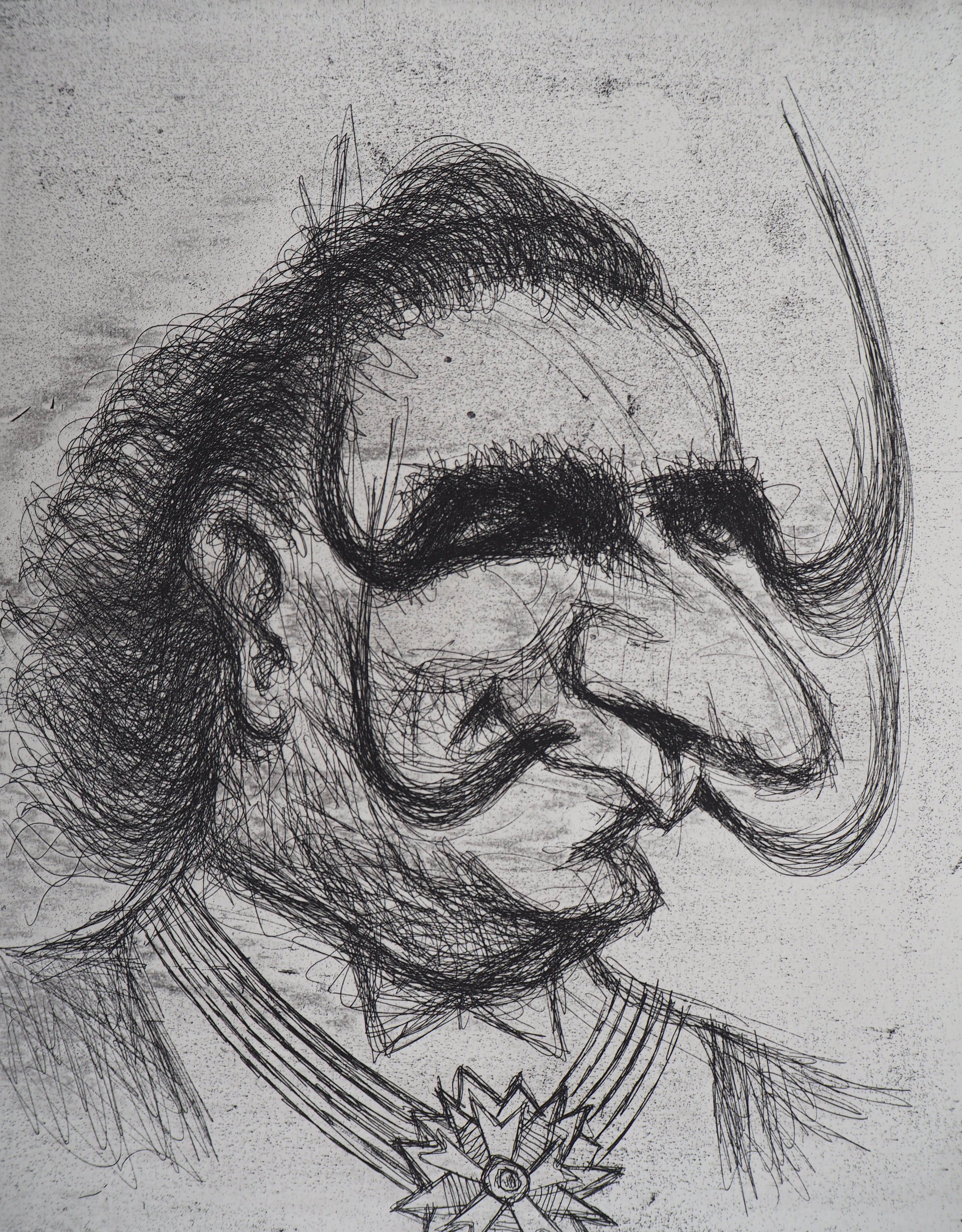 Caricatura de Salvador Dalí con doble bigote - Grabado firmado a mano, 1971 - Print Moderno de Louis Mitelberg