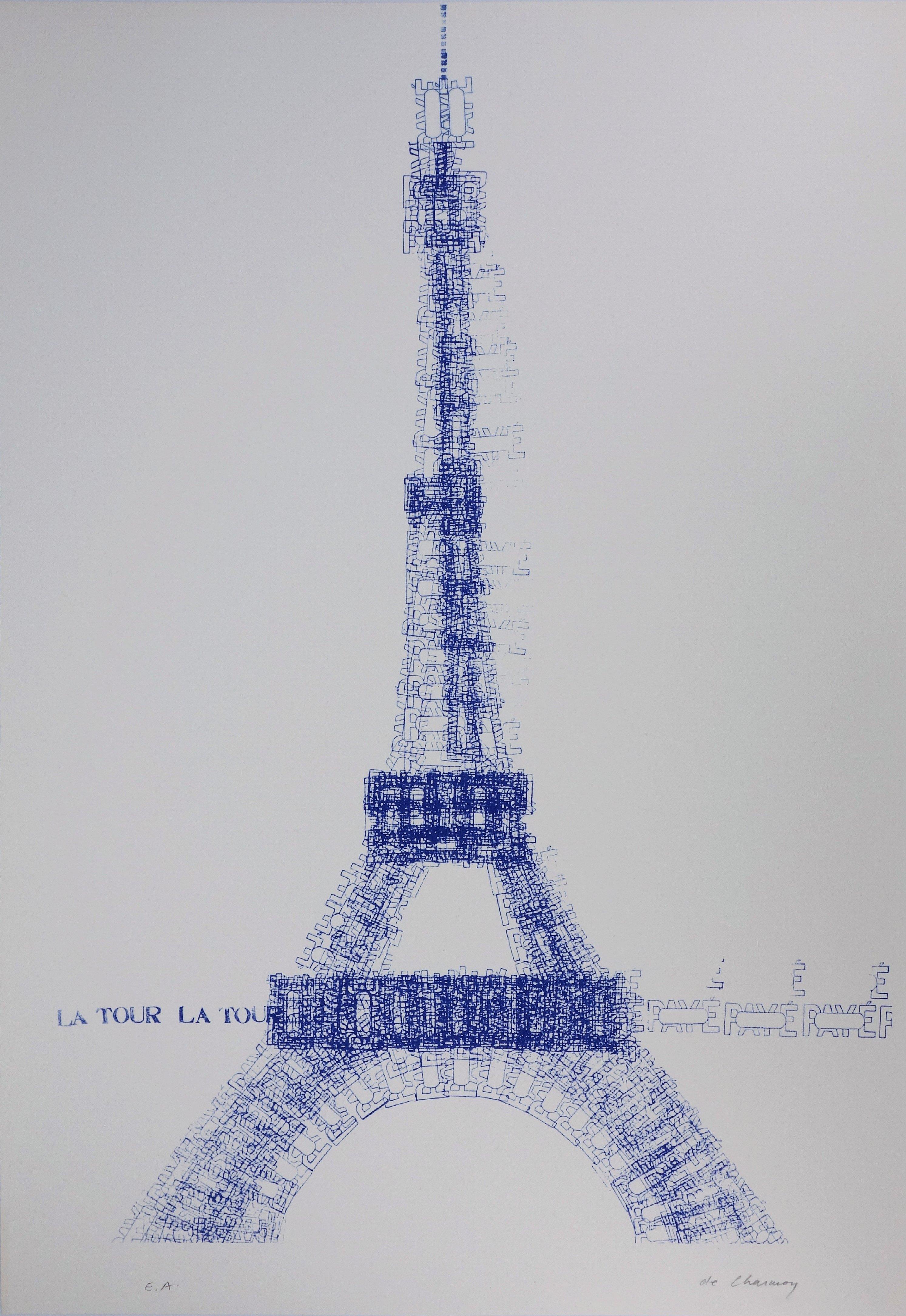 Cozette de Charmoy Figurative Print – Eiffel Tower In Payed Stamps - Handsigned Screen Print