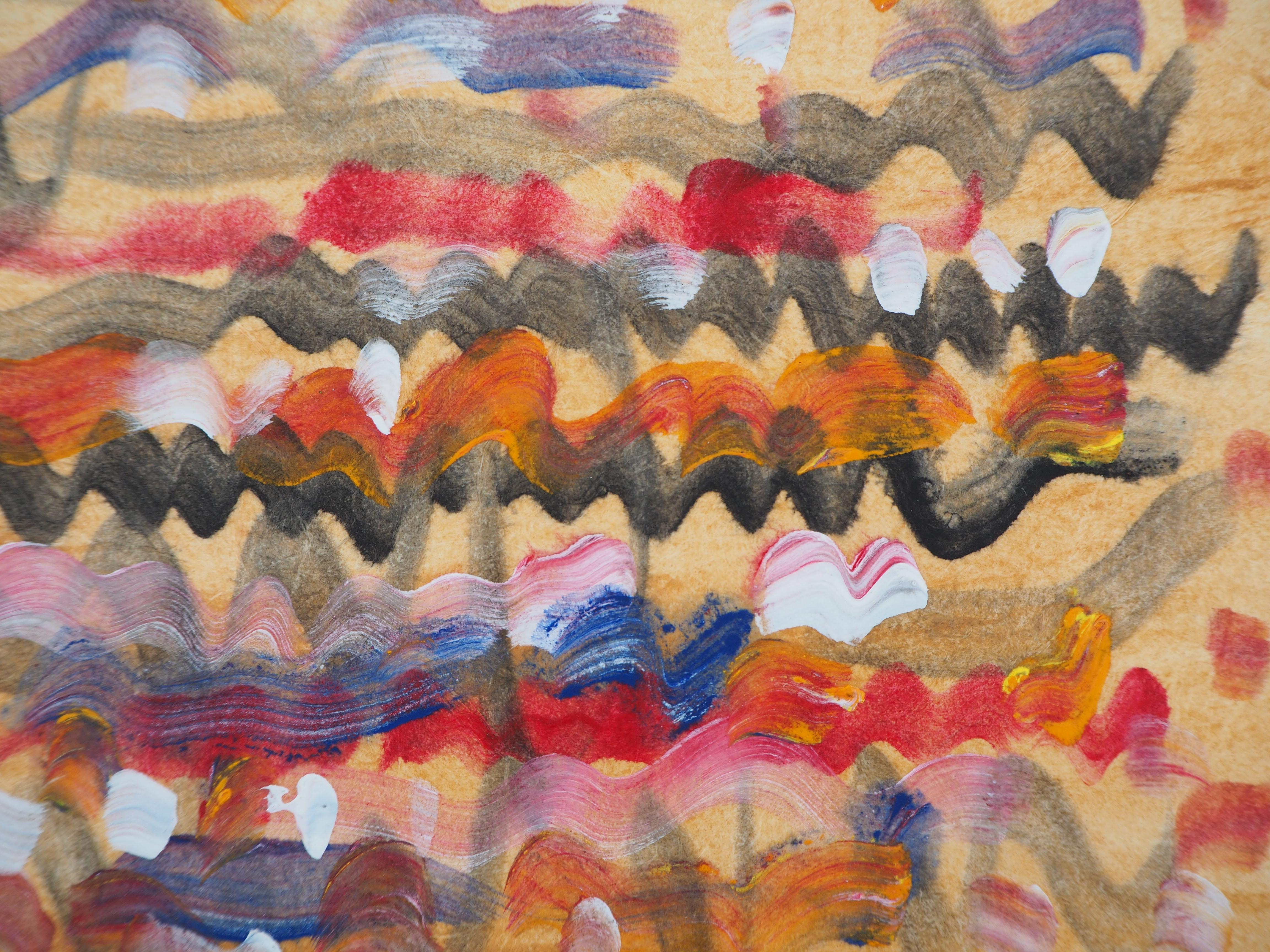 Colored Waves - Original handsigned watercolor and tempera - Brown Abstract Drawing by Ervin Neuhaus