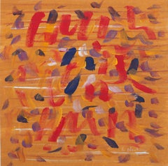 Composition bleue et rouge sur orange - Aquarelle et tempera originales signées à la main