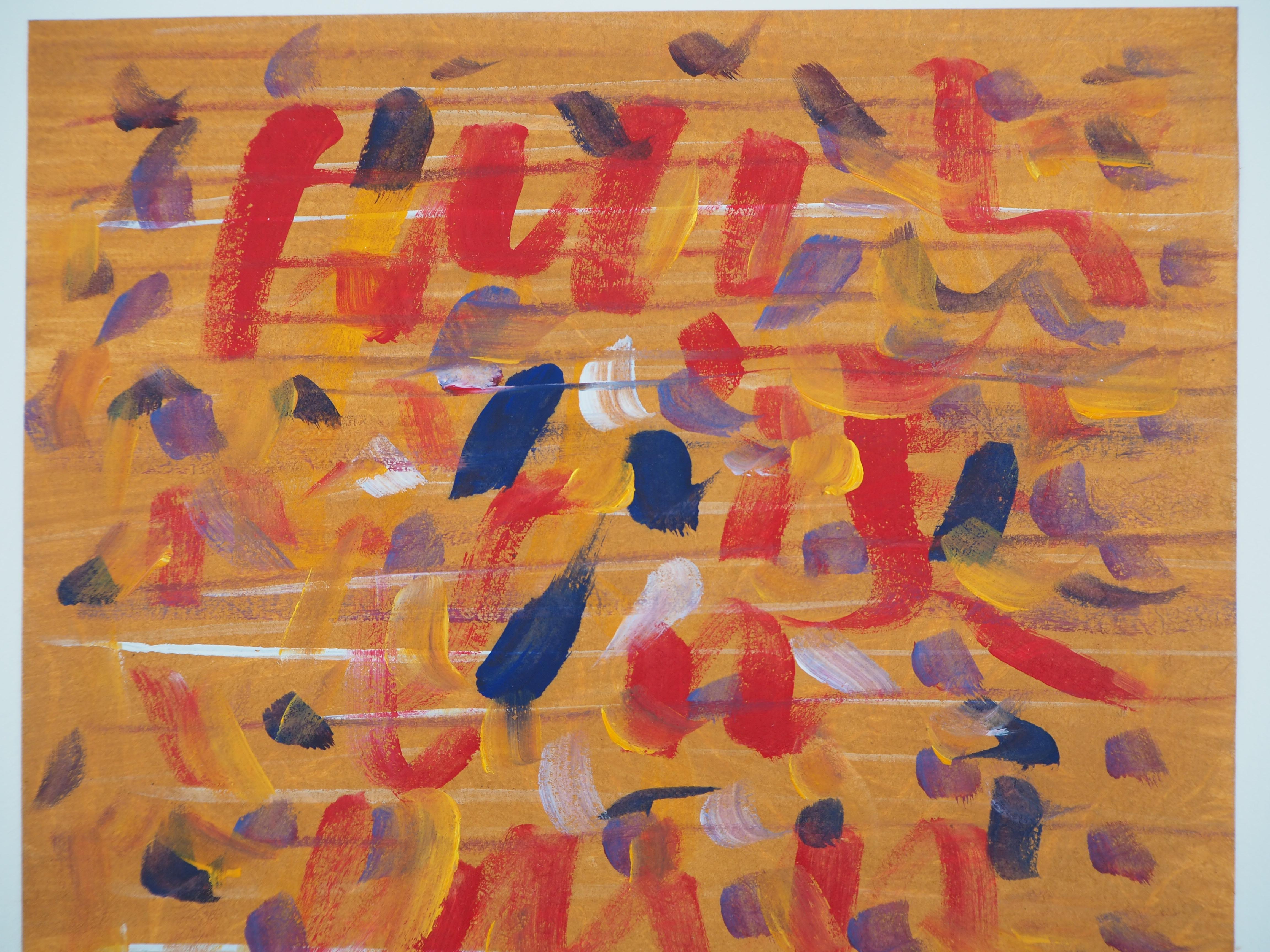 Composition bleue et rouge sur orange - Aquarelle et tempera originales signées à la main - Orange Abstract Drawing par Ervin Neuhaus