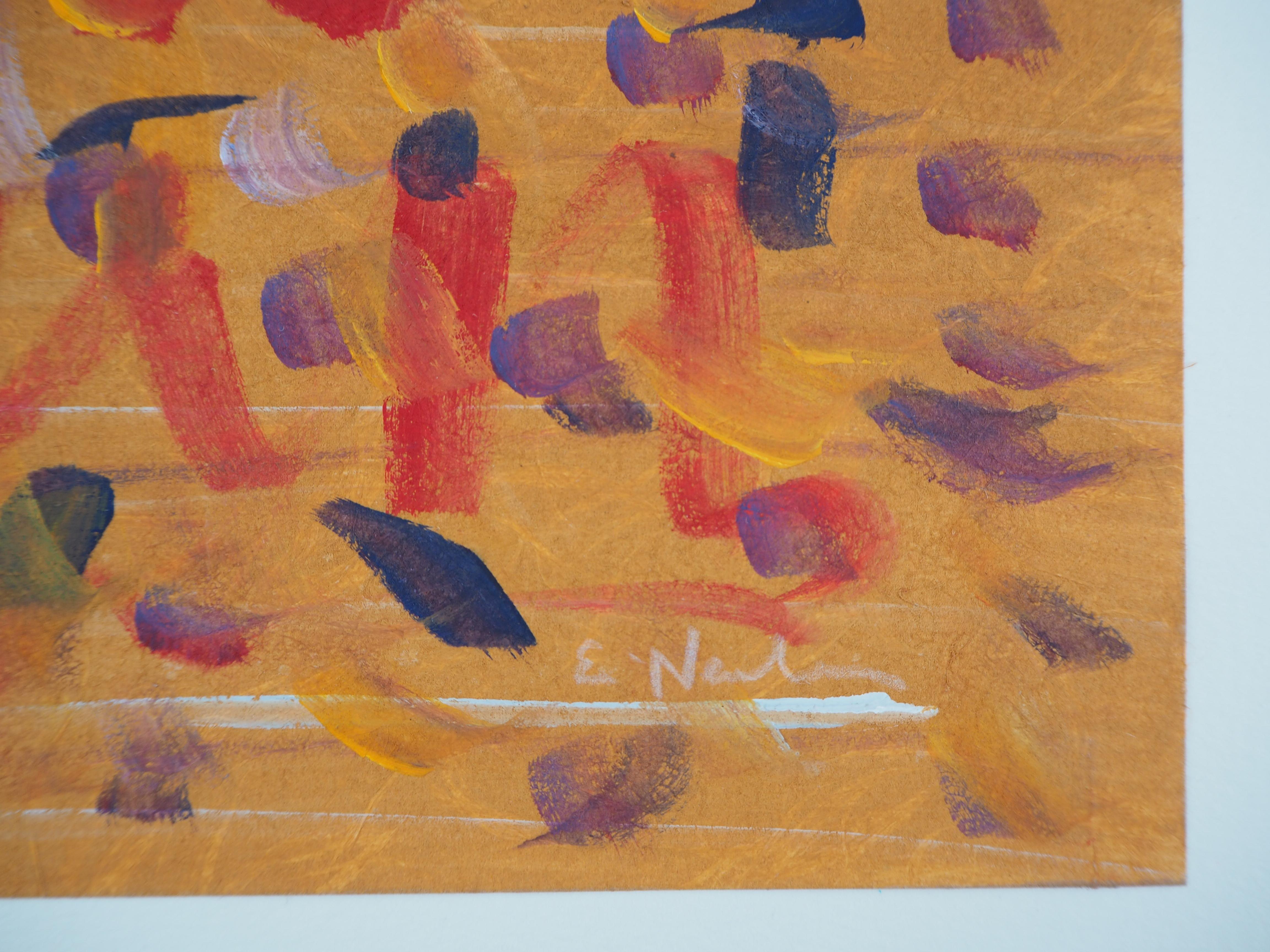 Composition bleue et rouge sur orange - Aquarelle et tempera originales signées à la main - Art de Ervin Neuhaus