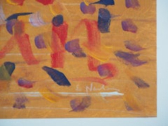 Composition bleue et rouge sur orange - Aquarelle et tempera originales signées à la main
