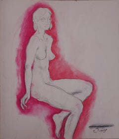 Sitting Nude Underlined in Pink - Original charcoals drawing