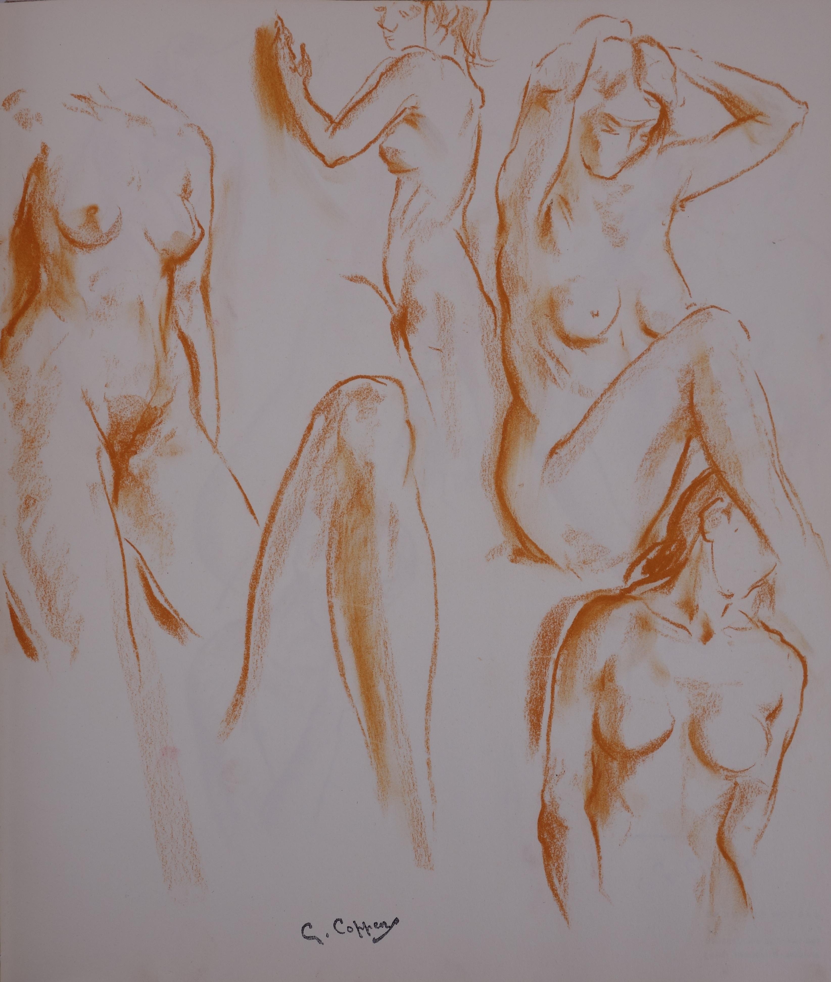 Gaston Coppens Nude - Studies of a Model in the Workshop - Original charcoals drawing