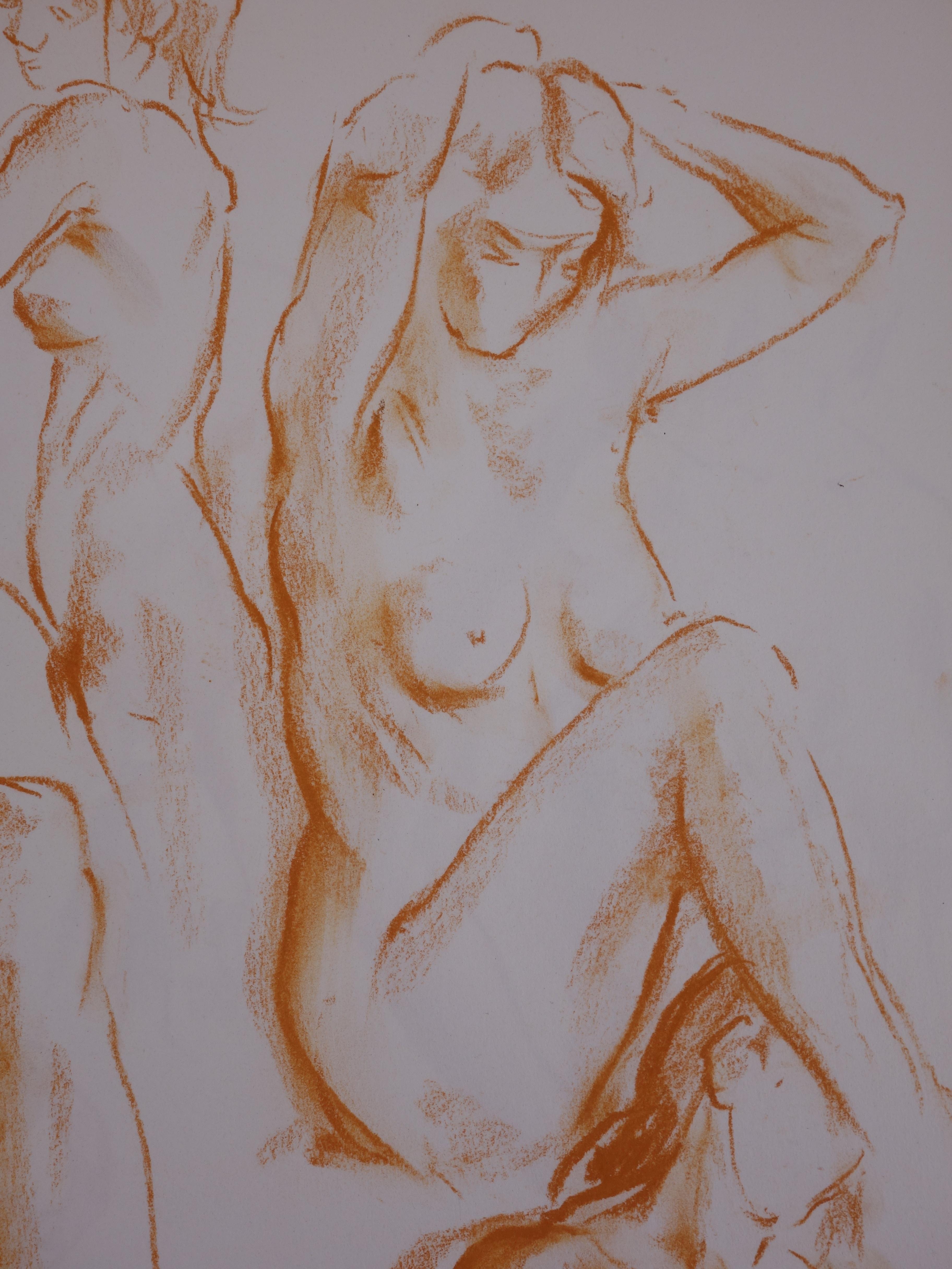 Studies of a Model in the Workshop - Original charcoals drawing - Gray Nude by Gaston Coppens