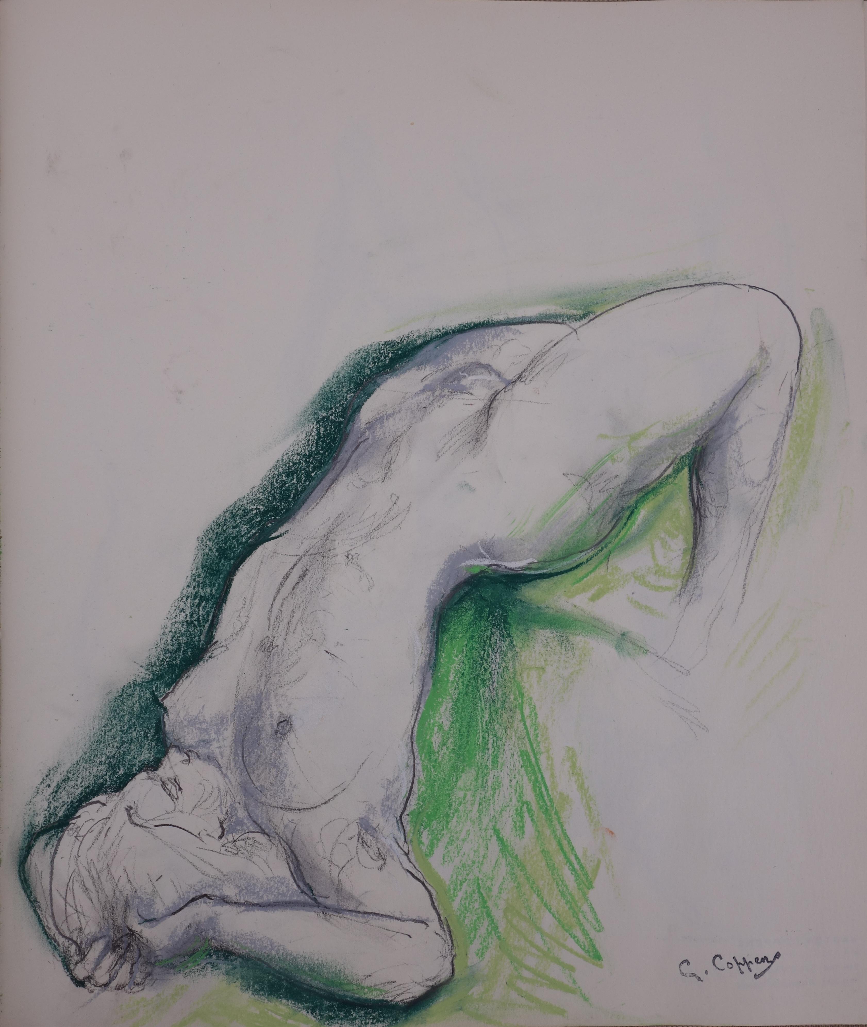 Gaston Coppens Nude - Streching Model - Original charcoals drawing