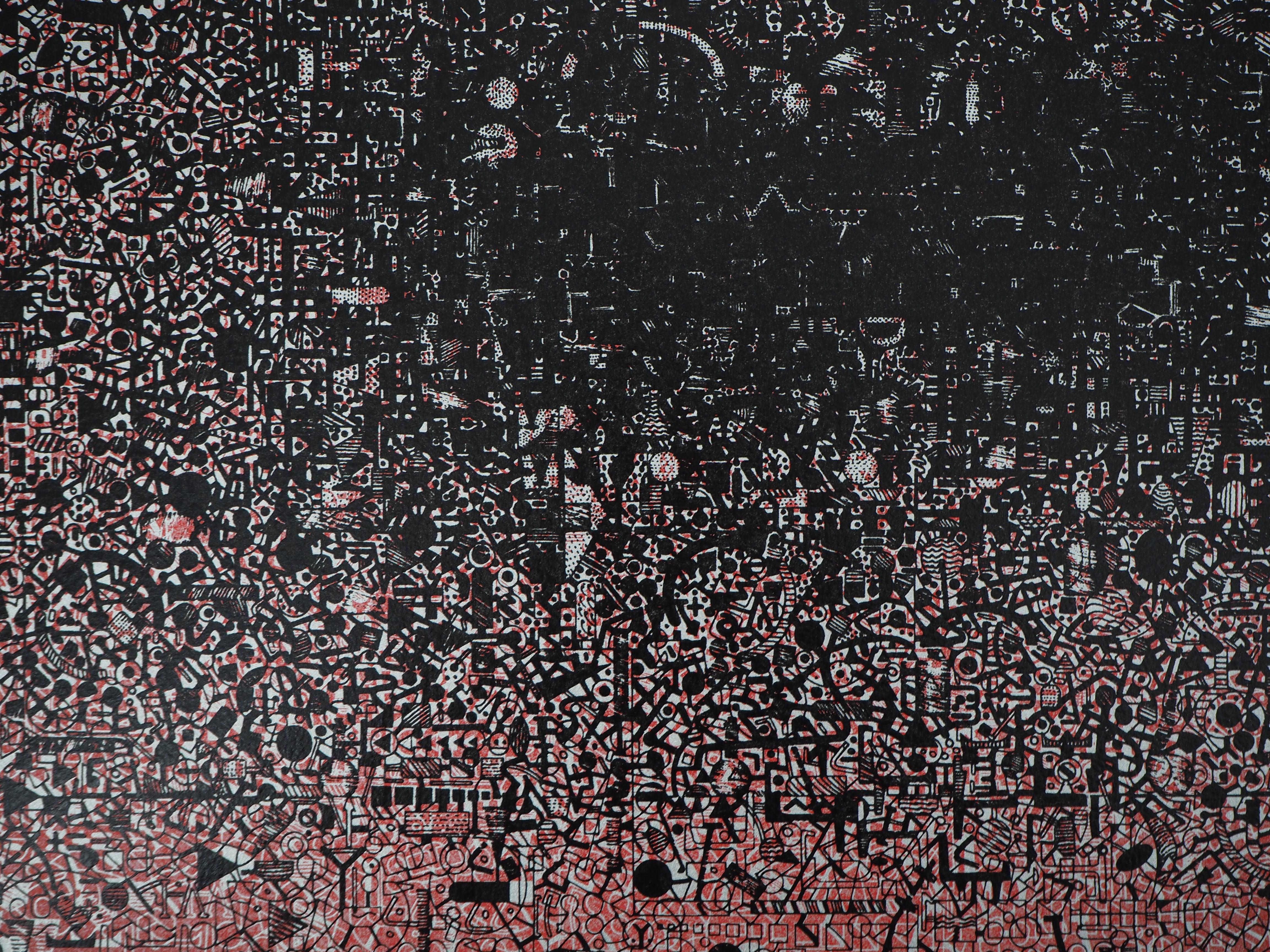 Micro Systems (Red) - Original Handsigned Screen Print - Gray Abstract Print by Constantin Xenakis