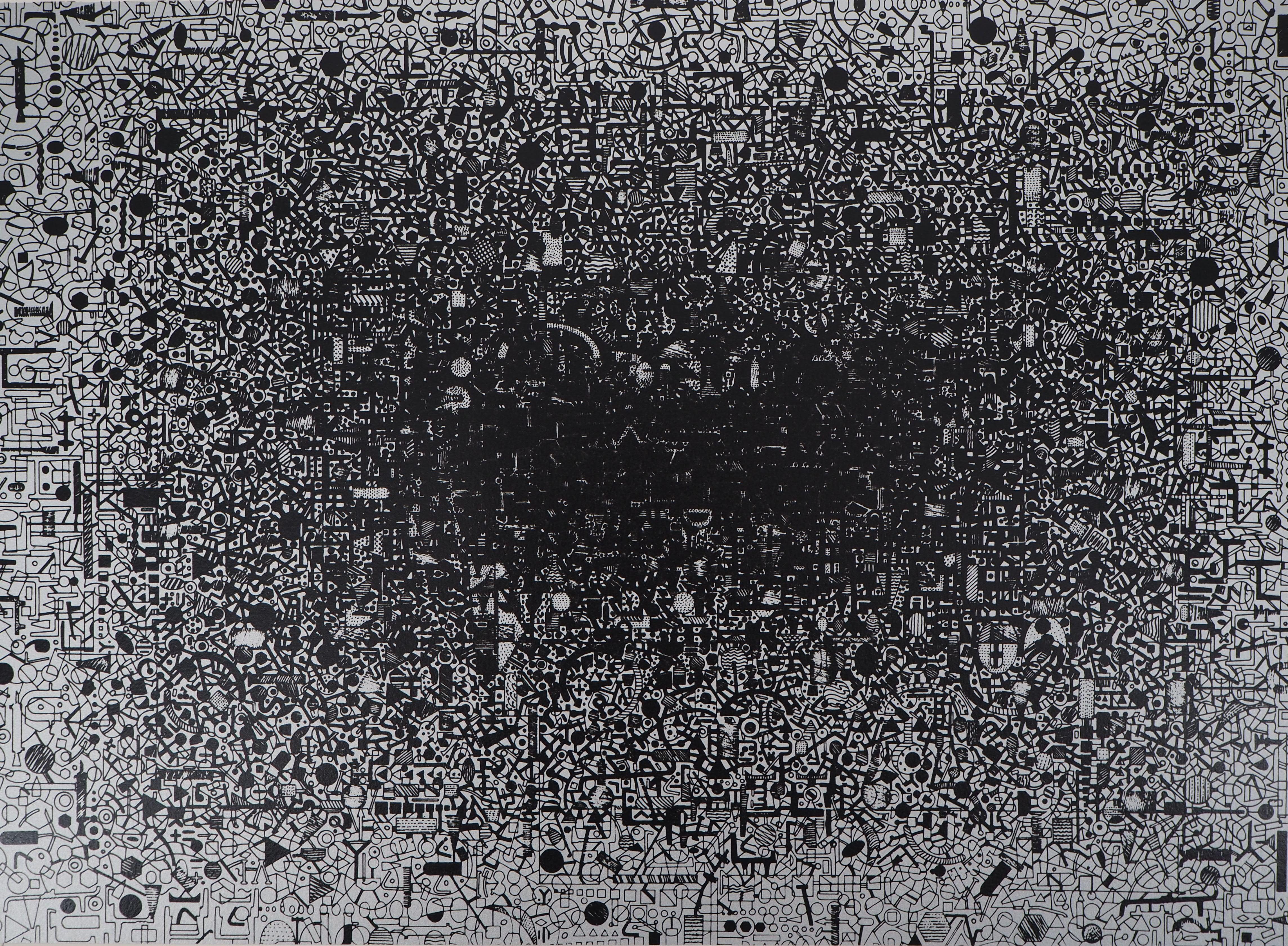 Elektronik Electronic Electronic, Komplexität von Microsystems Silber - Original handsignierter Siebdruck (Geometrische Abstraktion), Print, von Constantin Xenakis