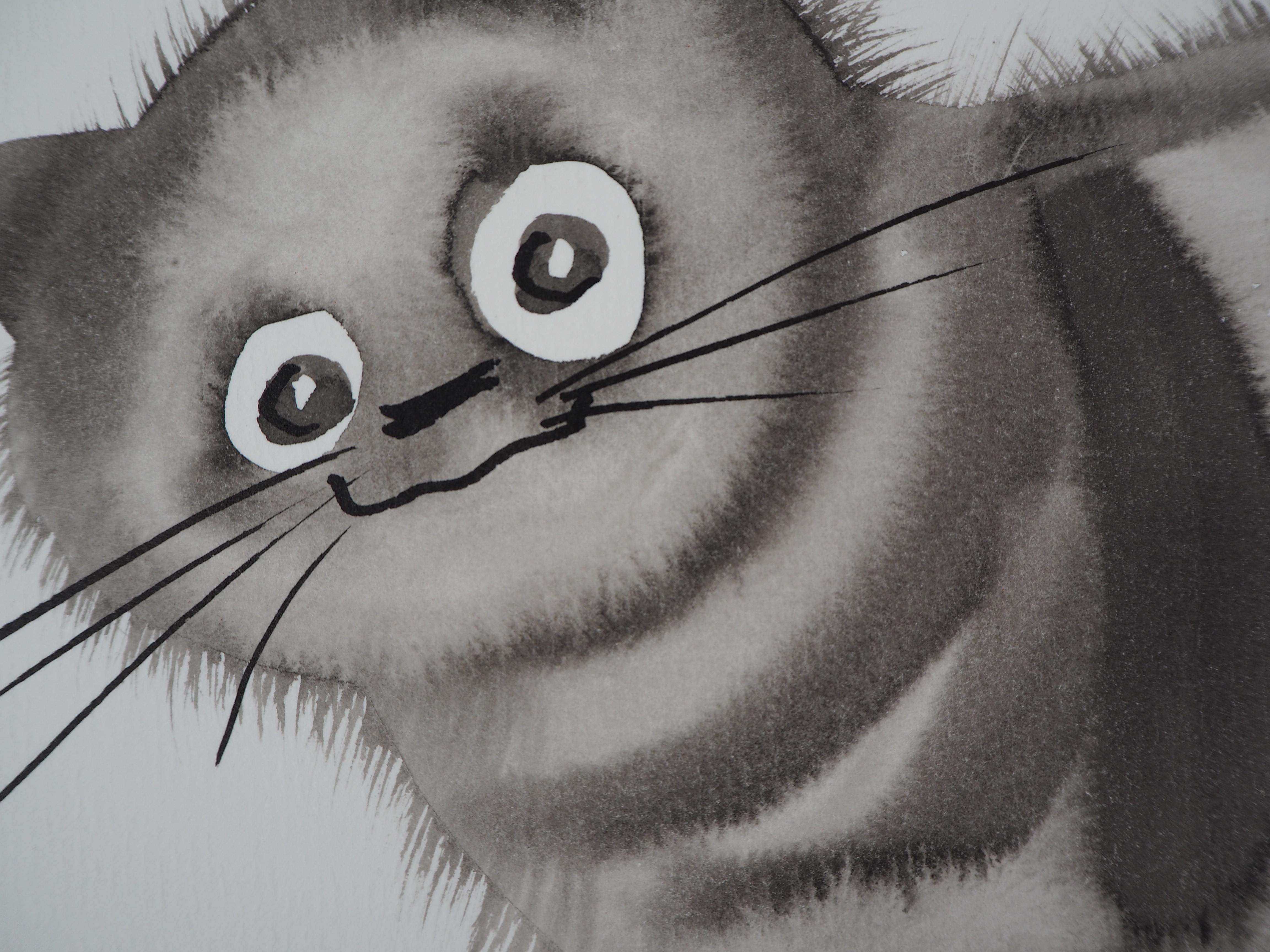 My Sweet Kitten - Handsigned Original Ink Drawing  - Gray Animal Art by Laszlo Tibay