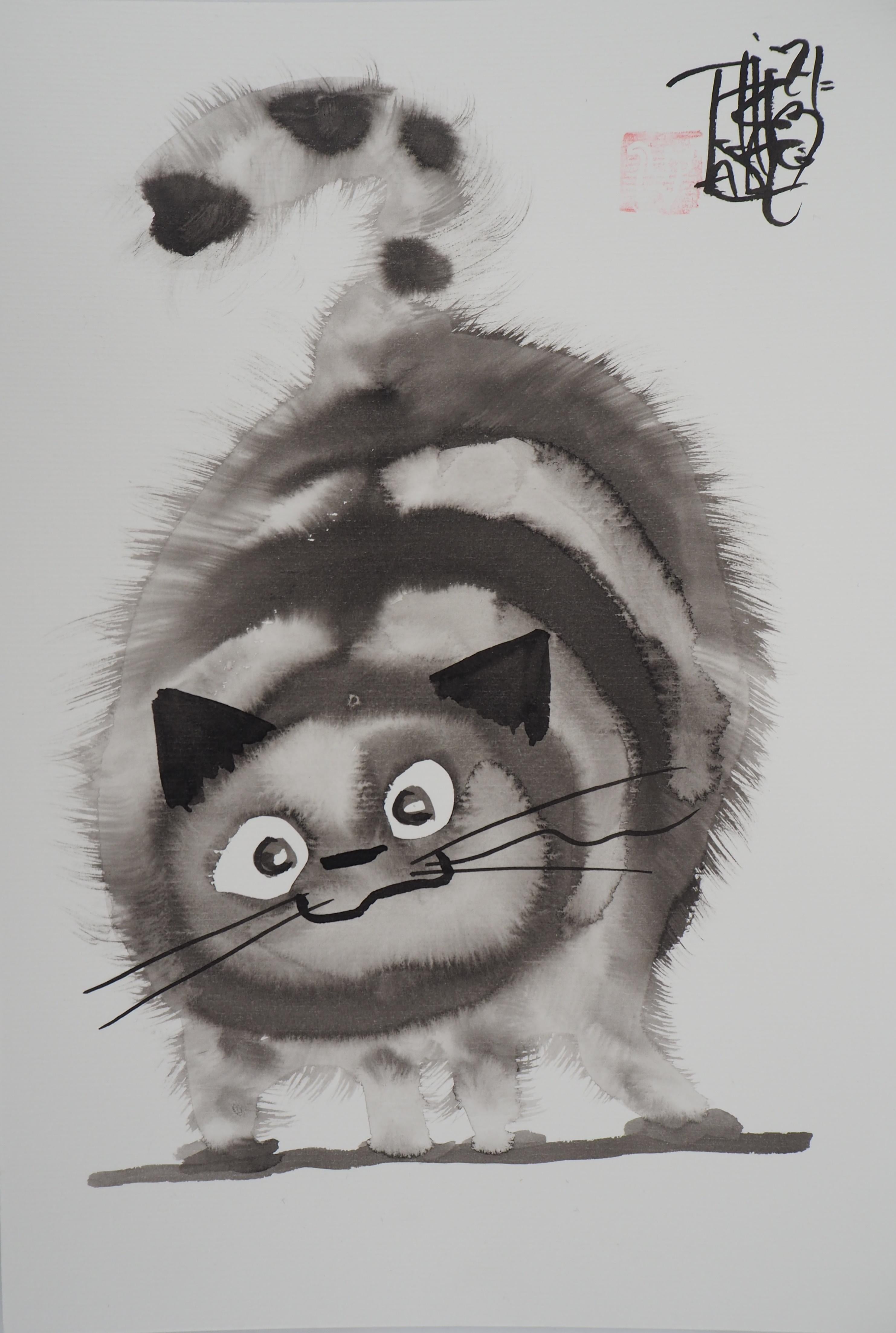 Laszlo Tibay Animal Art - Cat Ready to Play - Handsigned Original Ink Drawing 