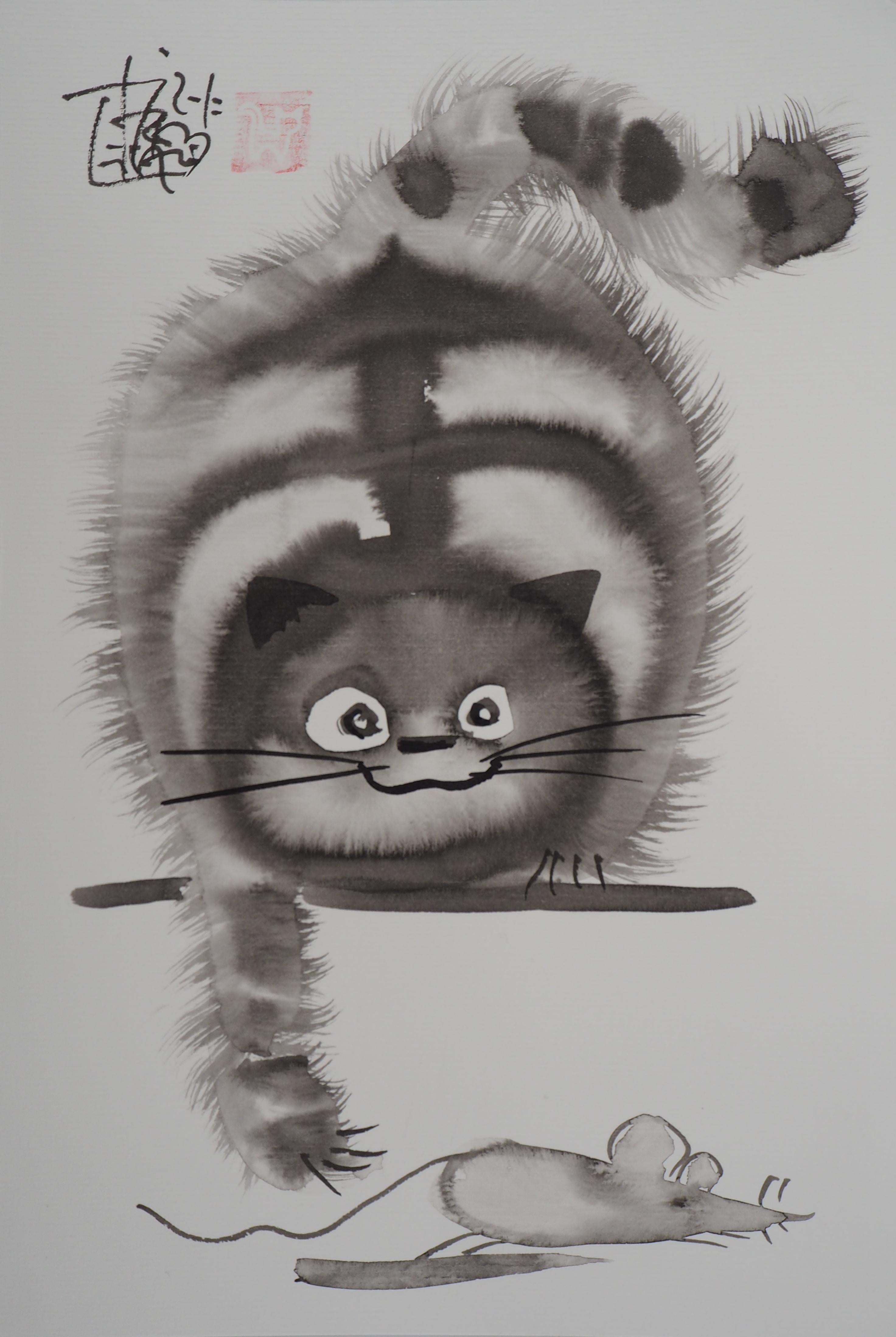 Laszlo Tibay Animal Art - Cat and Mouse : Catch me if you can - Handsigned Original Ink Drawing 