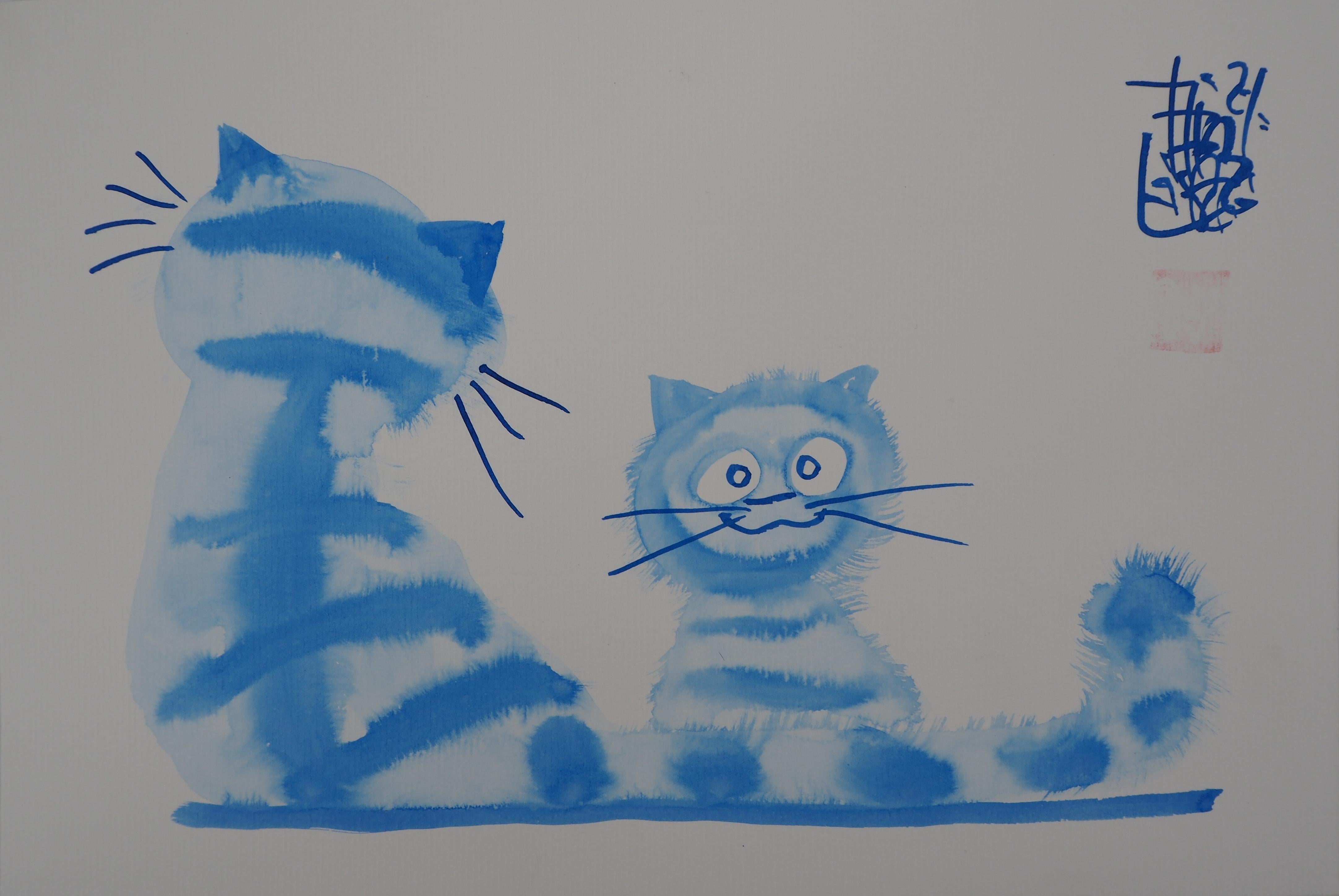 Laszlo Tibay Animal Art - The Cat Brothers - Handsigned Original Ink Drawing 