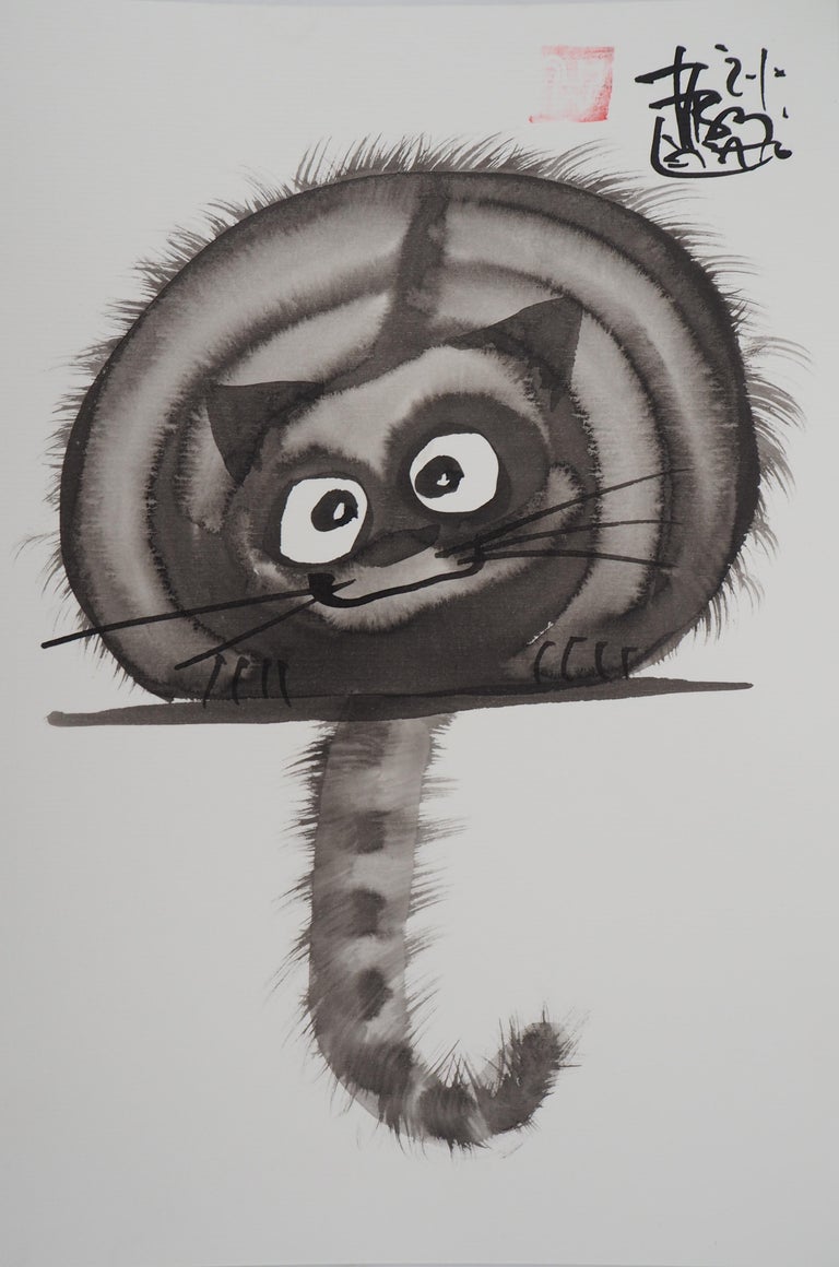 Tiger Cat On A Chair Handsigned Original Ink Drawing