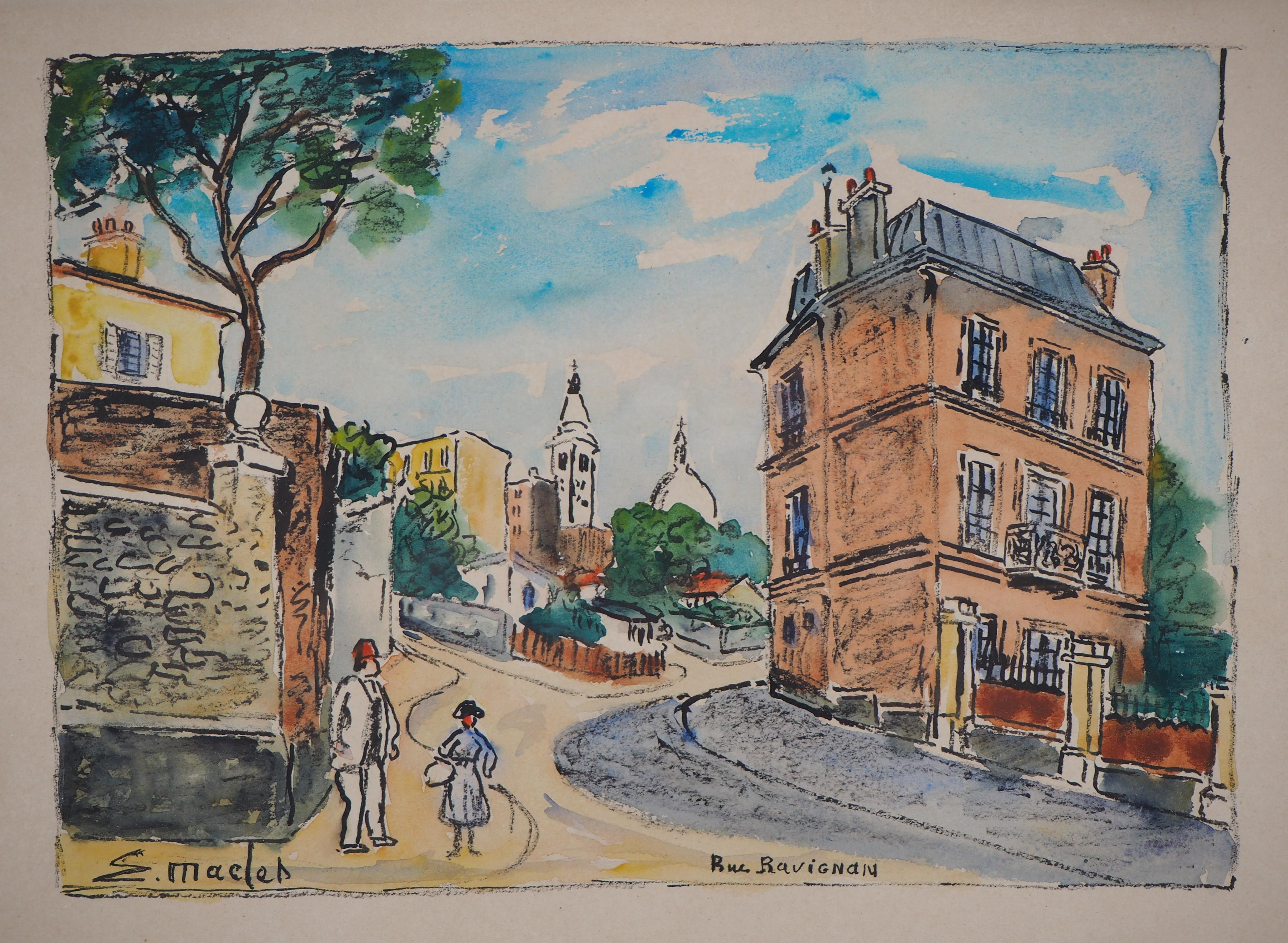 Elisée Maclet Landscape Art - Paris, Ravignan Street in Montmartre - Handsigned watercolor - circa 1950