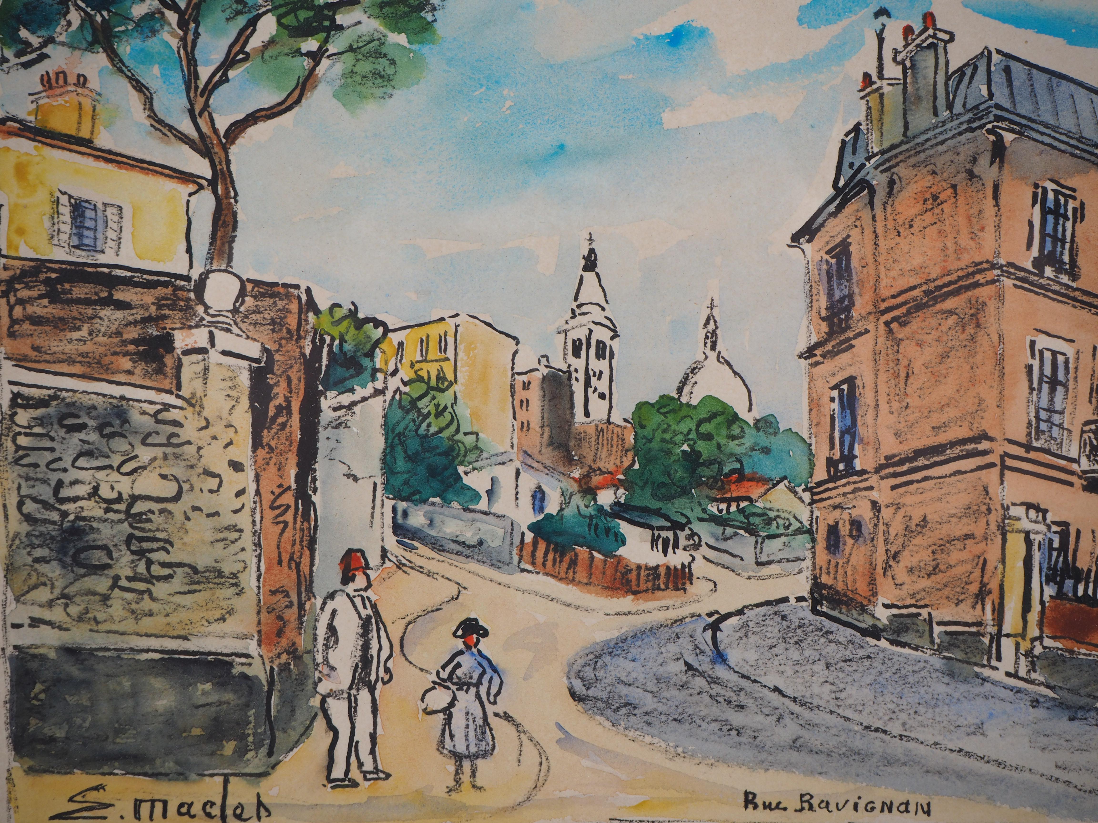 Paris, Ravignan Street in Montmartre - Handsigned watercolor - circa 1950 - Post-Impressionist Art by Elisée Maclet