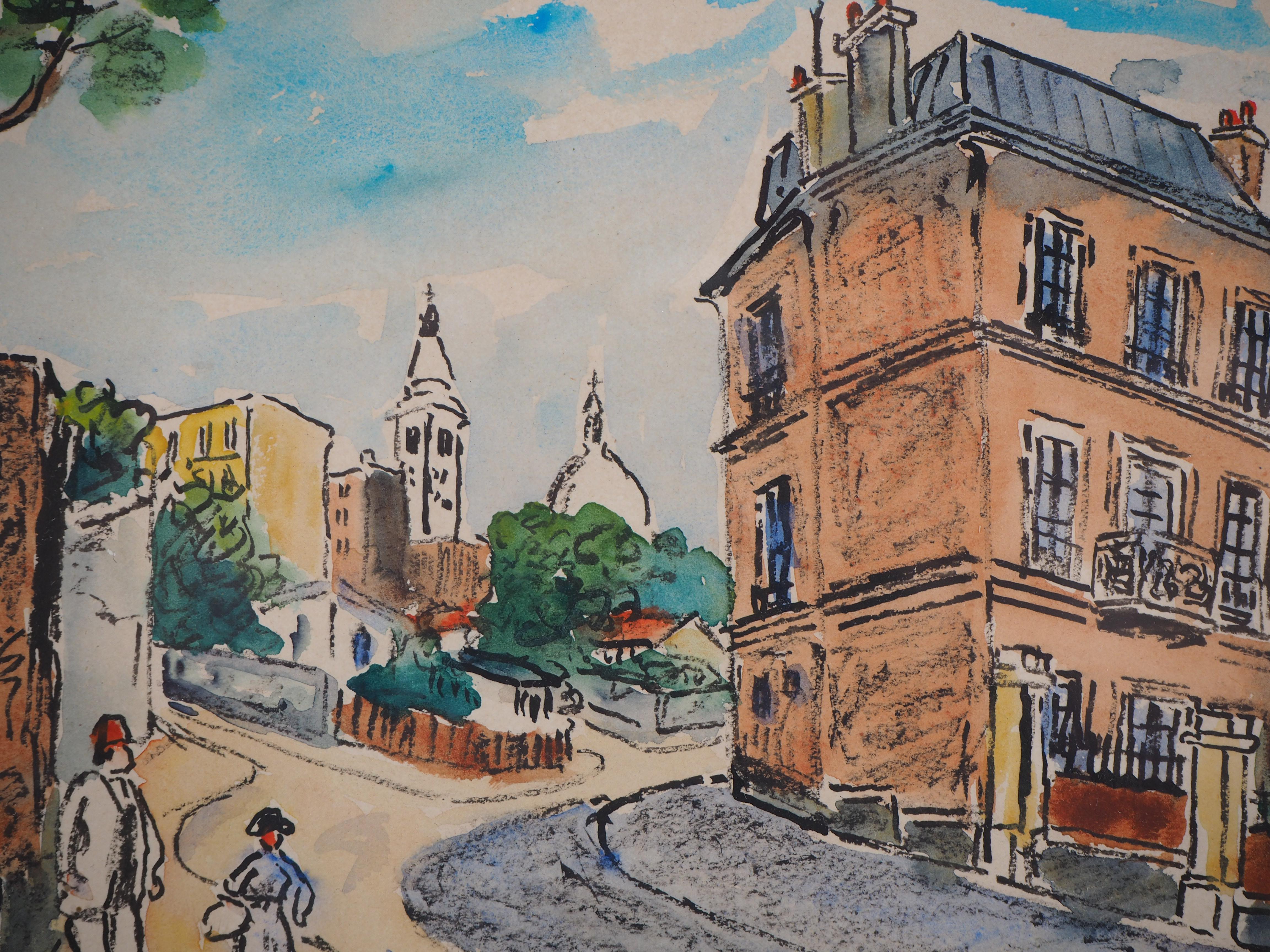 Paris, Ravignan Street in Montmartre - Handsigned watercolor - circa 1950 - Gray Landscape Art by Elisée Maclet