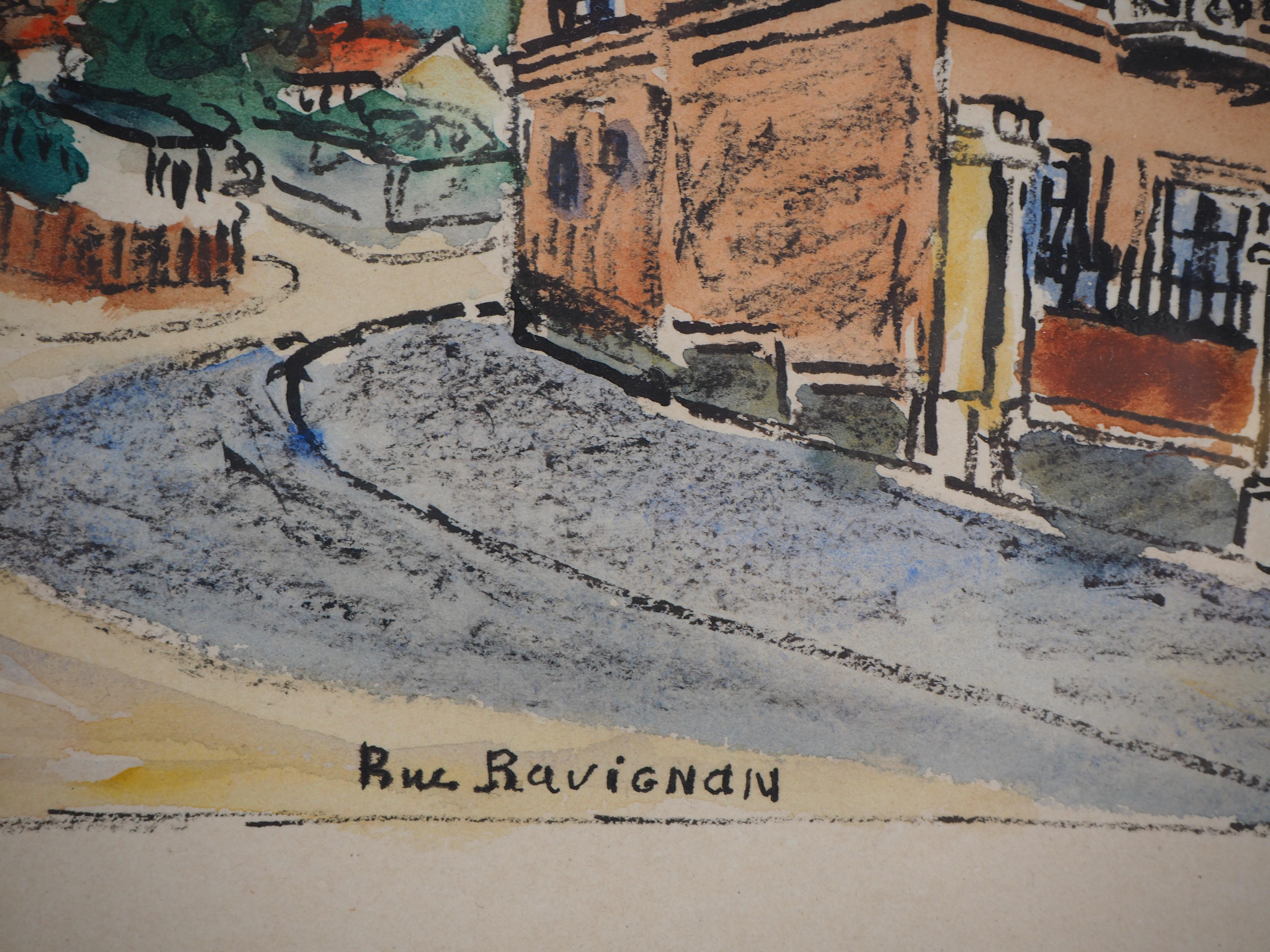 Paris, Ravignan Street in Montmartre - Handsigned watercolor - circa 1950 1