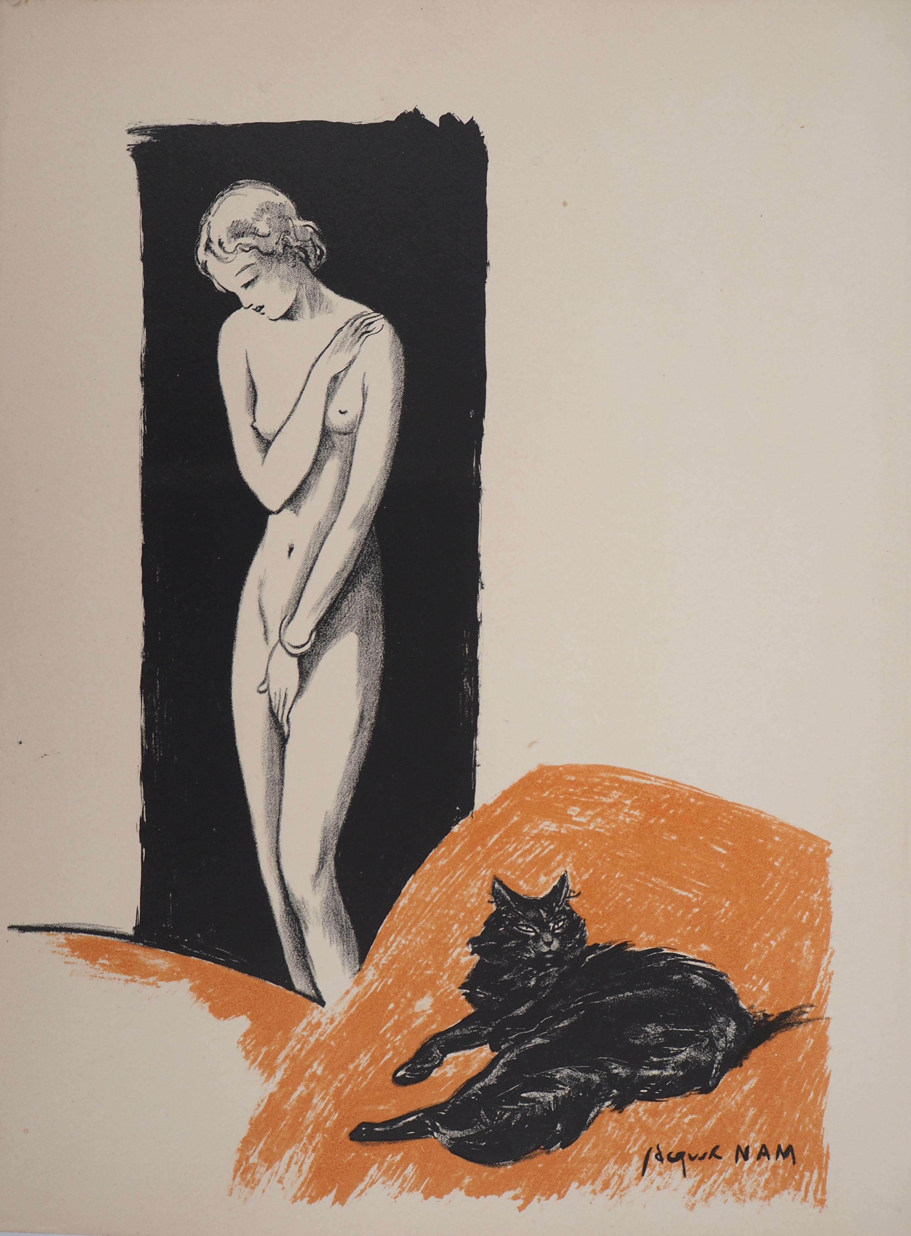 Desnudo y gato - Litografía original - c. 1937