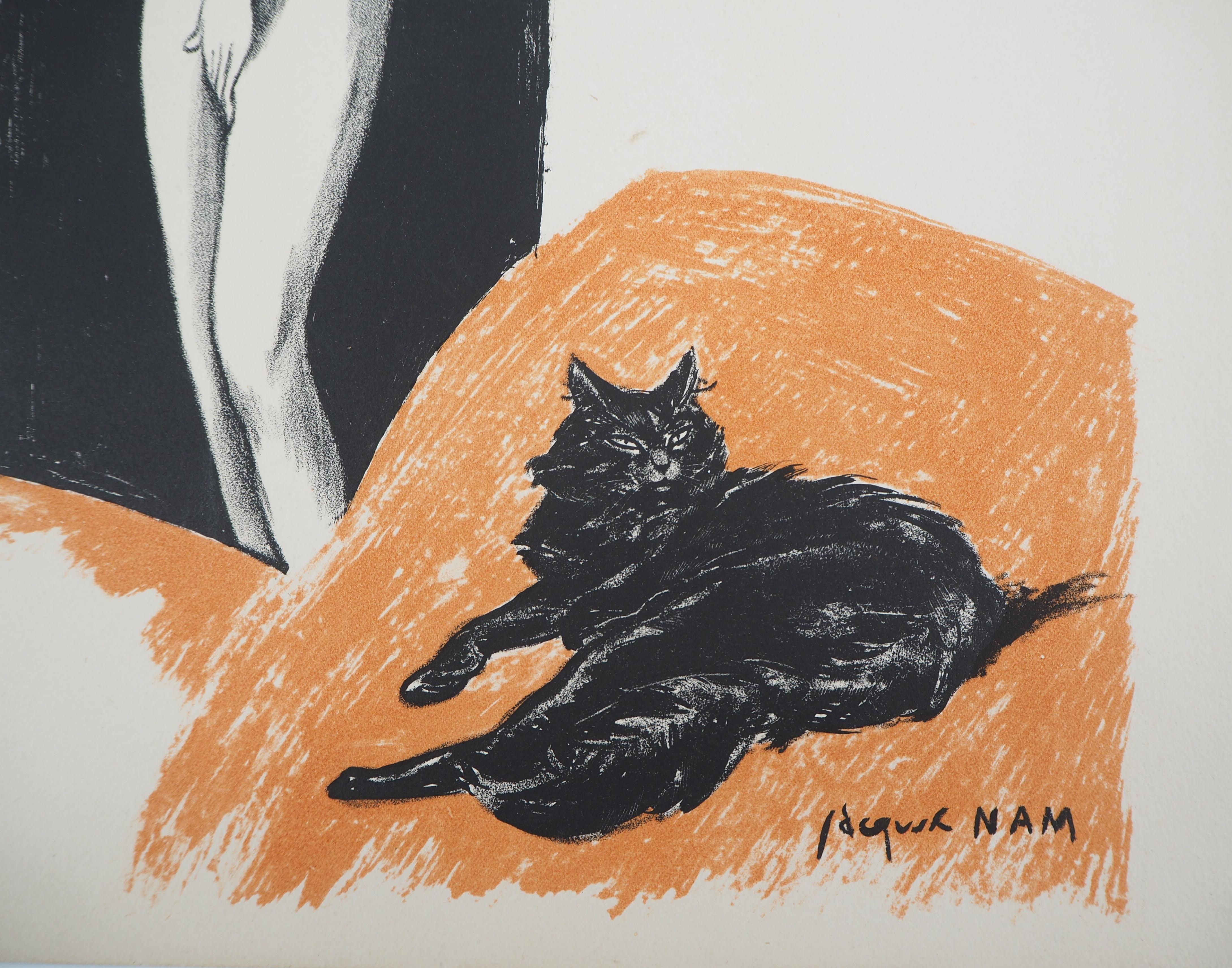 Nudo e gatto - Litografia originale - 1937 ca. - Animal Print Beige di Jacques Nam