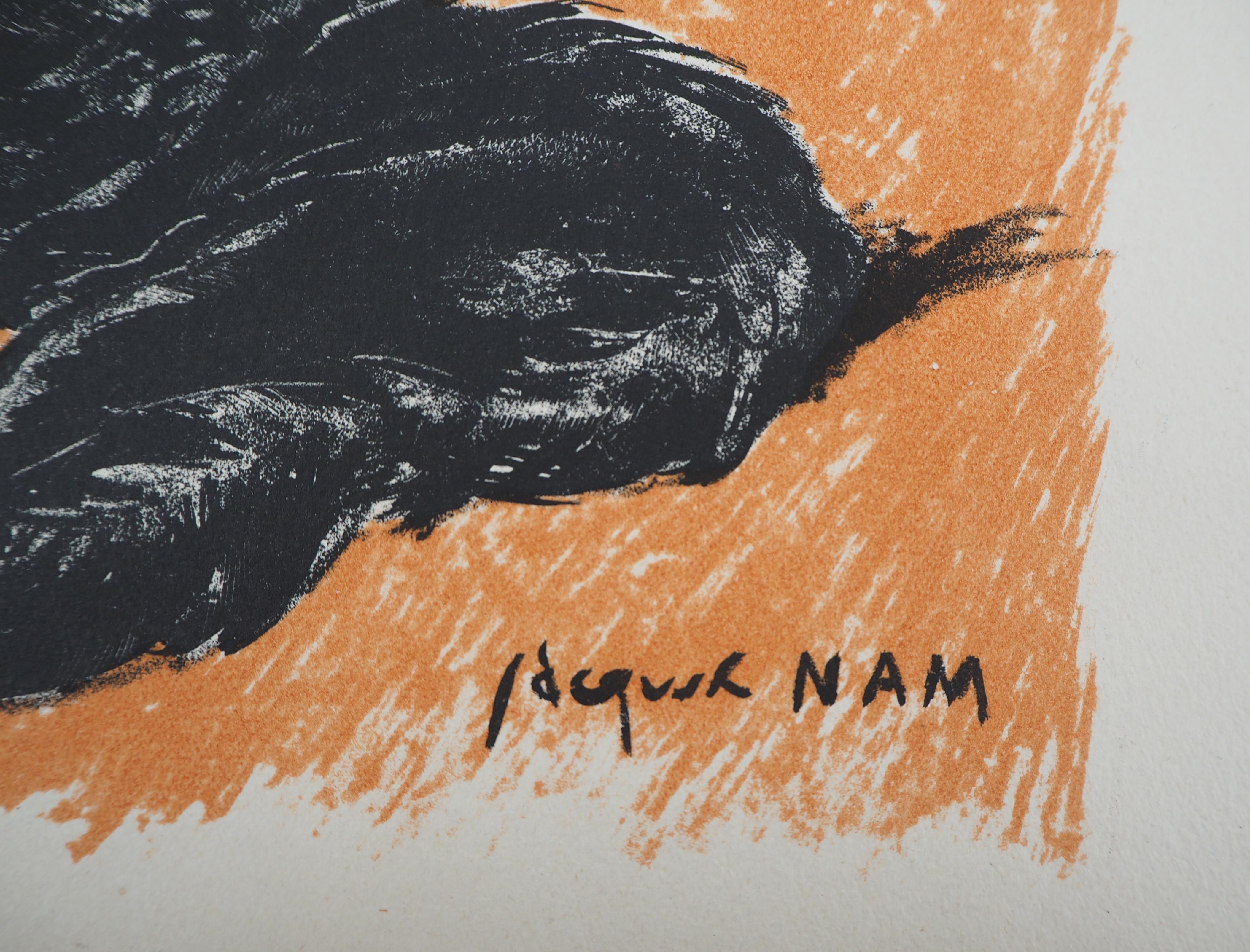 Jacques Nam
Nudo e gatto

Litografia originale
Firma stampata nella lastra 
Su pergamena 15 x 11