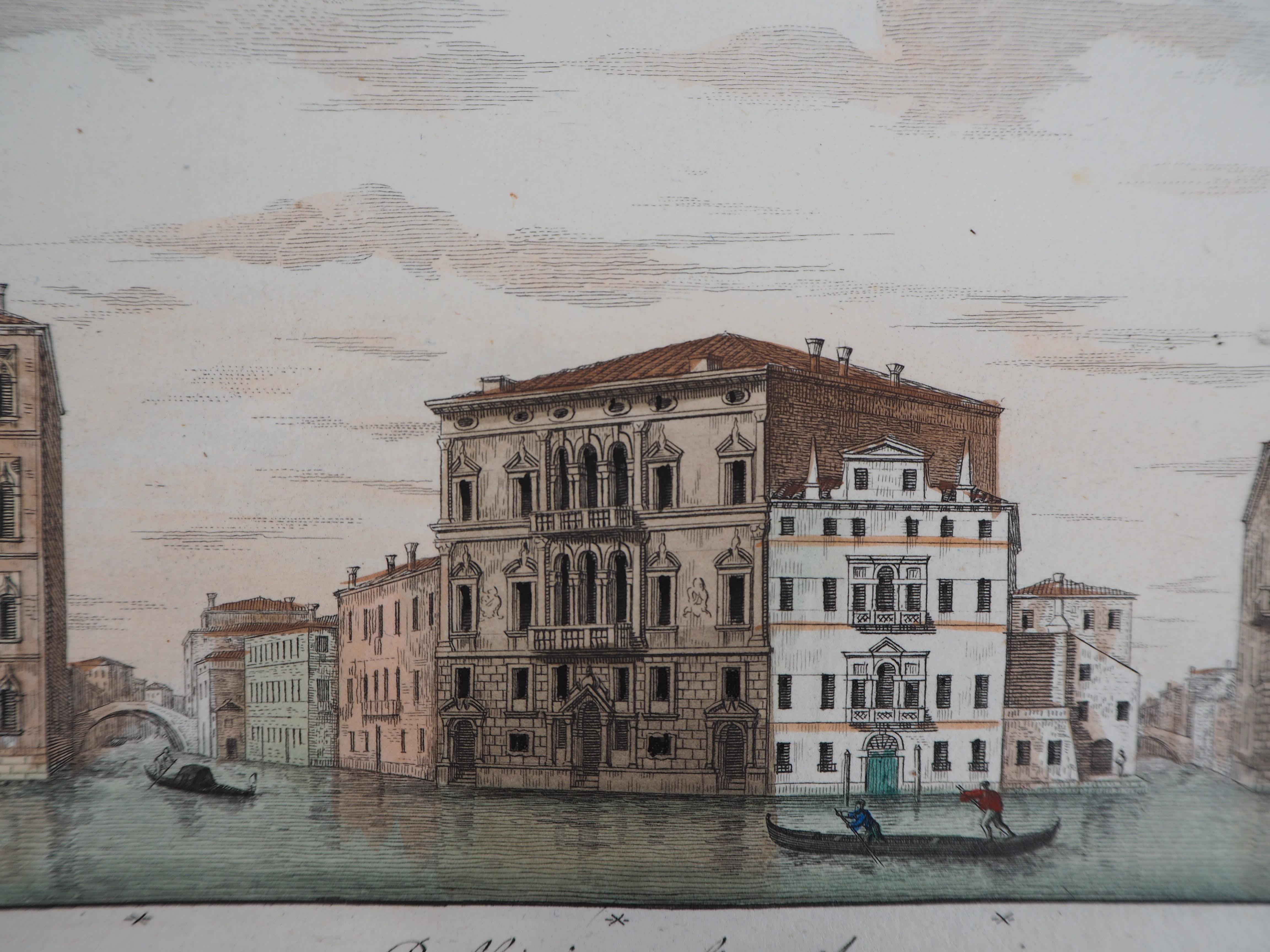 Venecia, Vista del Gran Canal  - Grabado original y acuarela, 1831 - Landscape Print Gris de Dionisio Moretti