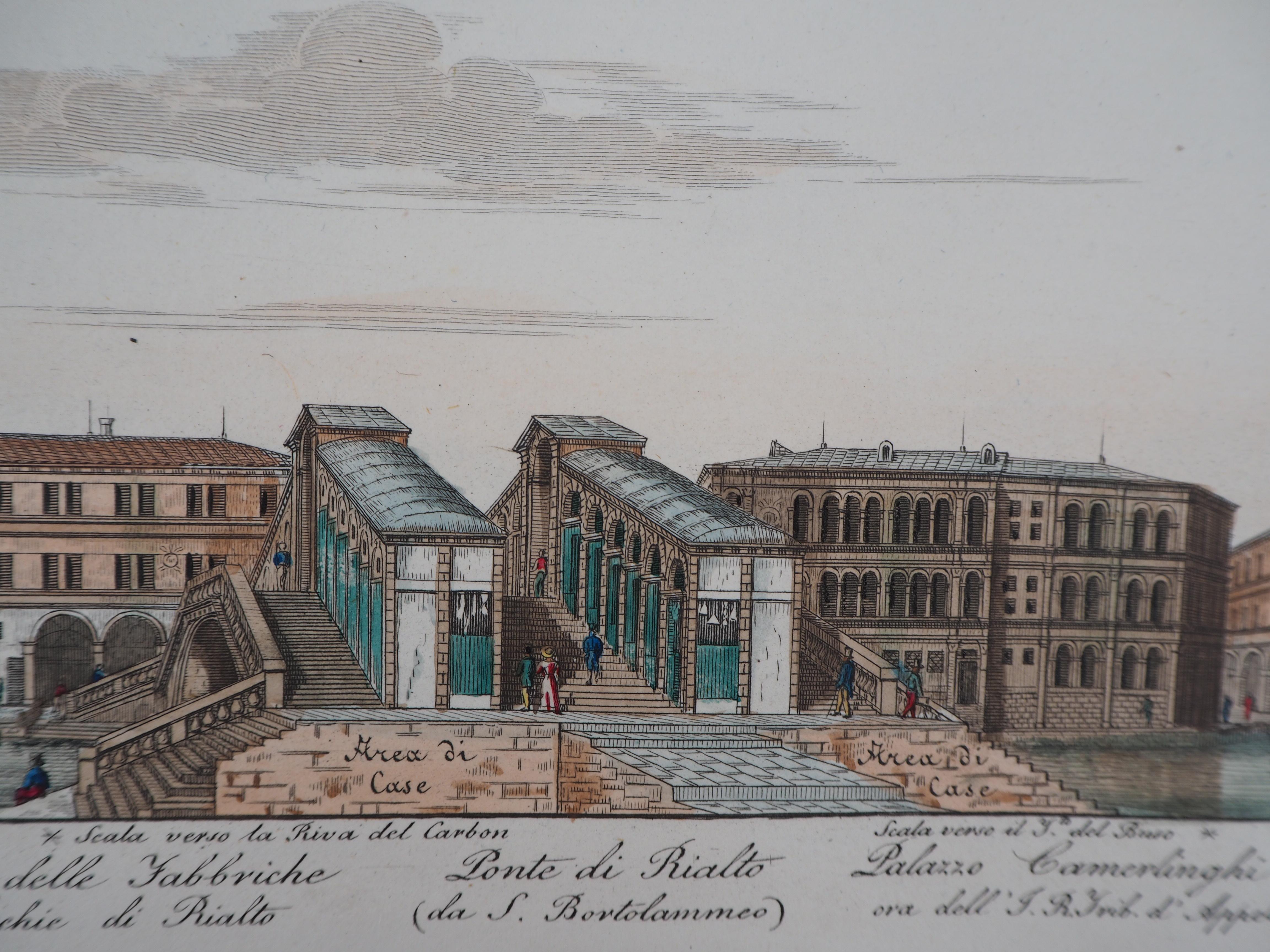 Venice, Rialtobrücke  - Original-Radierung und Aquarell, 1831 (Grau), Landscape Print, von Dionisio Moretti