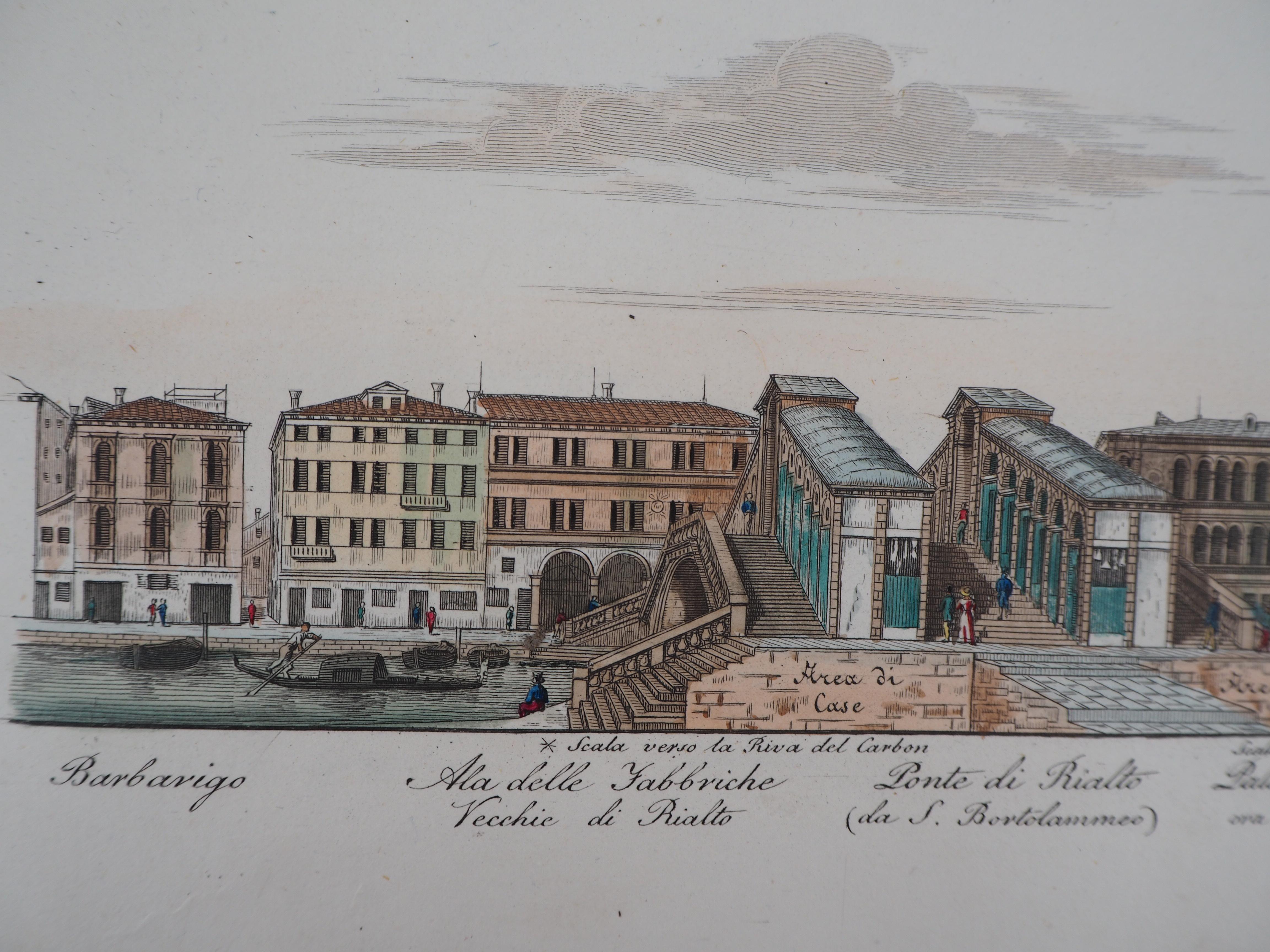 Dionisio MORETTI 
Venedig, Rialtobrücke, 1831

Original-Radierung 
Von Hand mit Aquarellfarben fein veredelt
Auf Pergament  26 x 41 cm (ca. 10,2 x 16 Zoll)

Sehr guter Zustand, leicht stockfleckig an den Rändern (siehe Bilder)