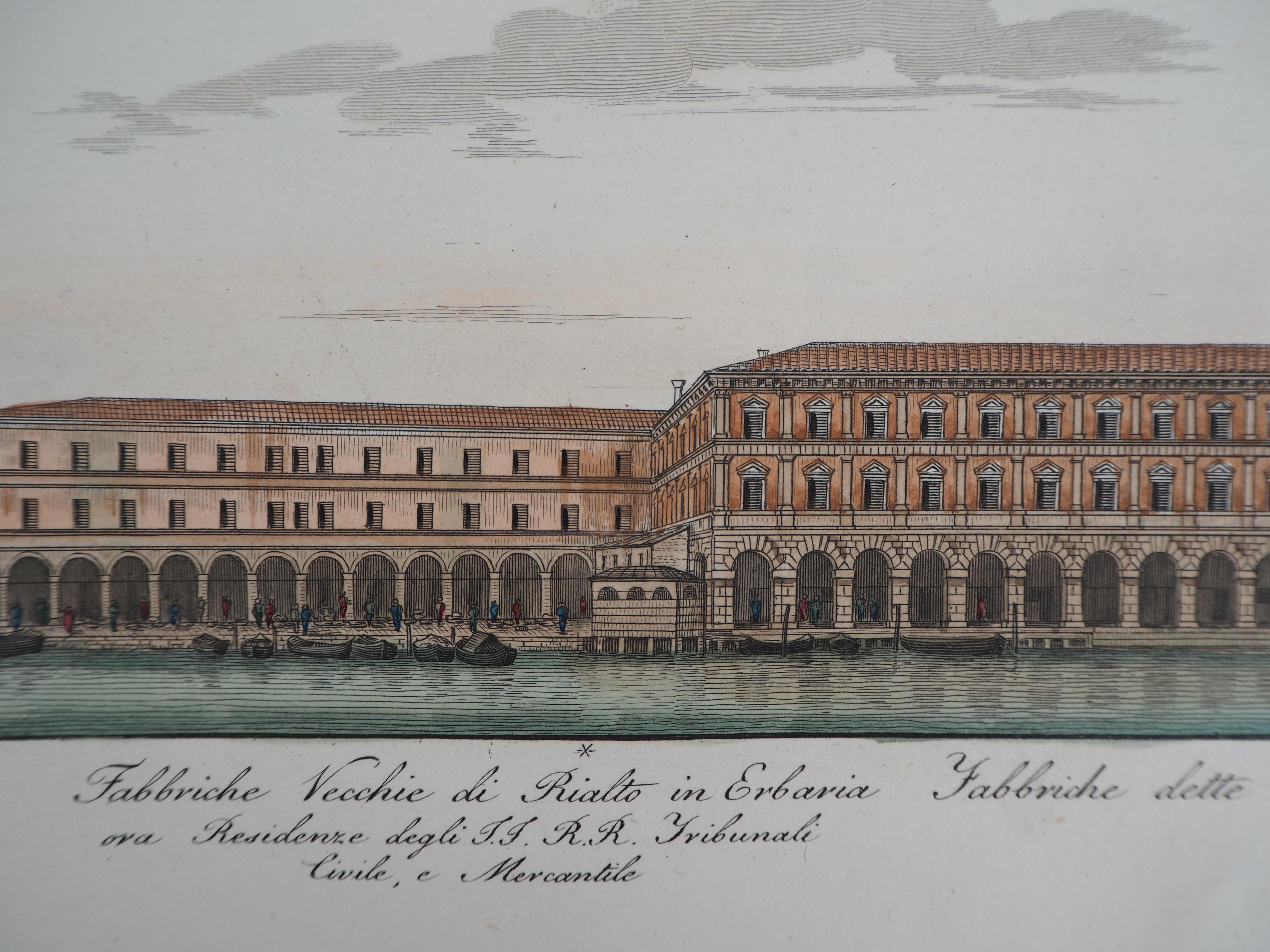 Venice, Rialto Bridge  - Original etching and watercolor, 1831 - Academic Print by Dionisio Moretti