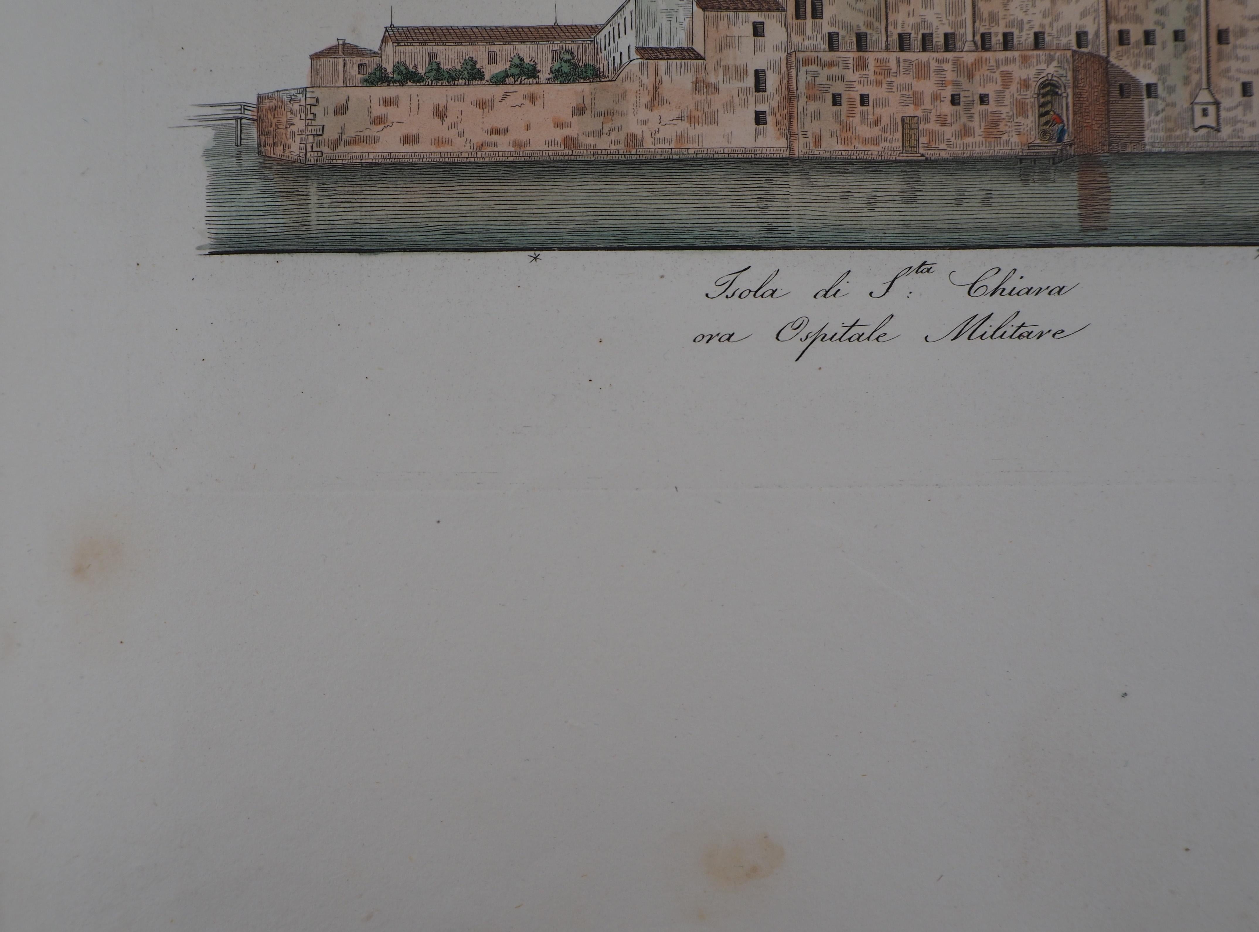 Venecia, Isla de Santa Clara - Grabado original y acuarela, 1831 - Landscape Print Gris de Dionisio Moretti