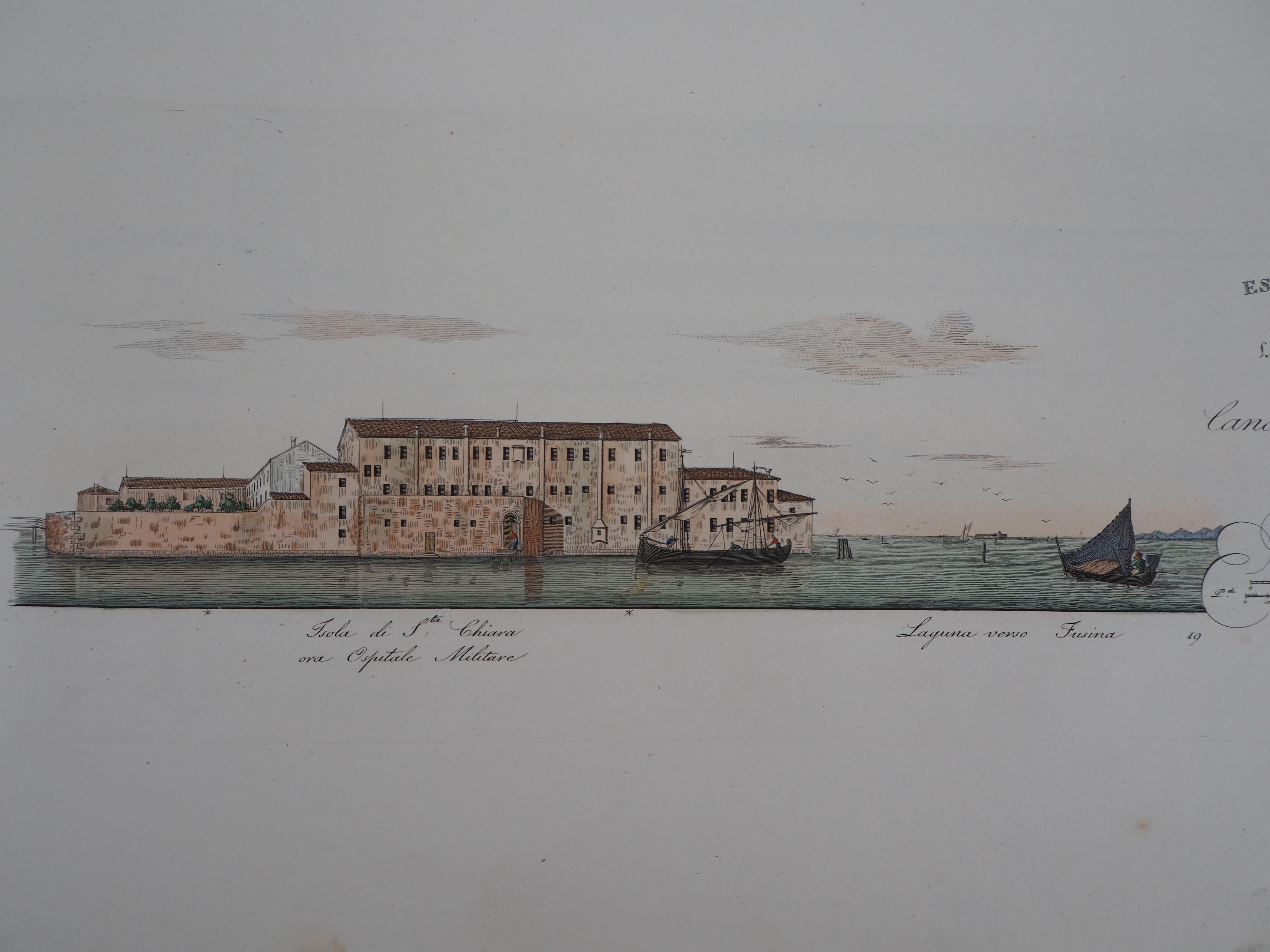 Venecia, Isla de Santa Clara - Grabado original y acuarela, 1831 - Print de Dionisio Moretti