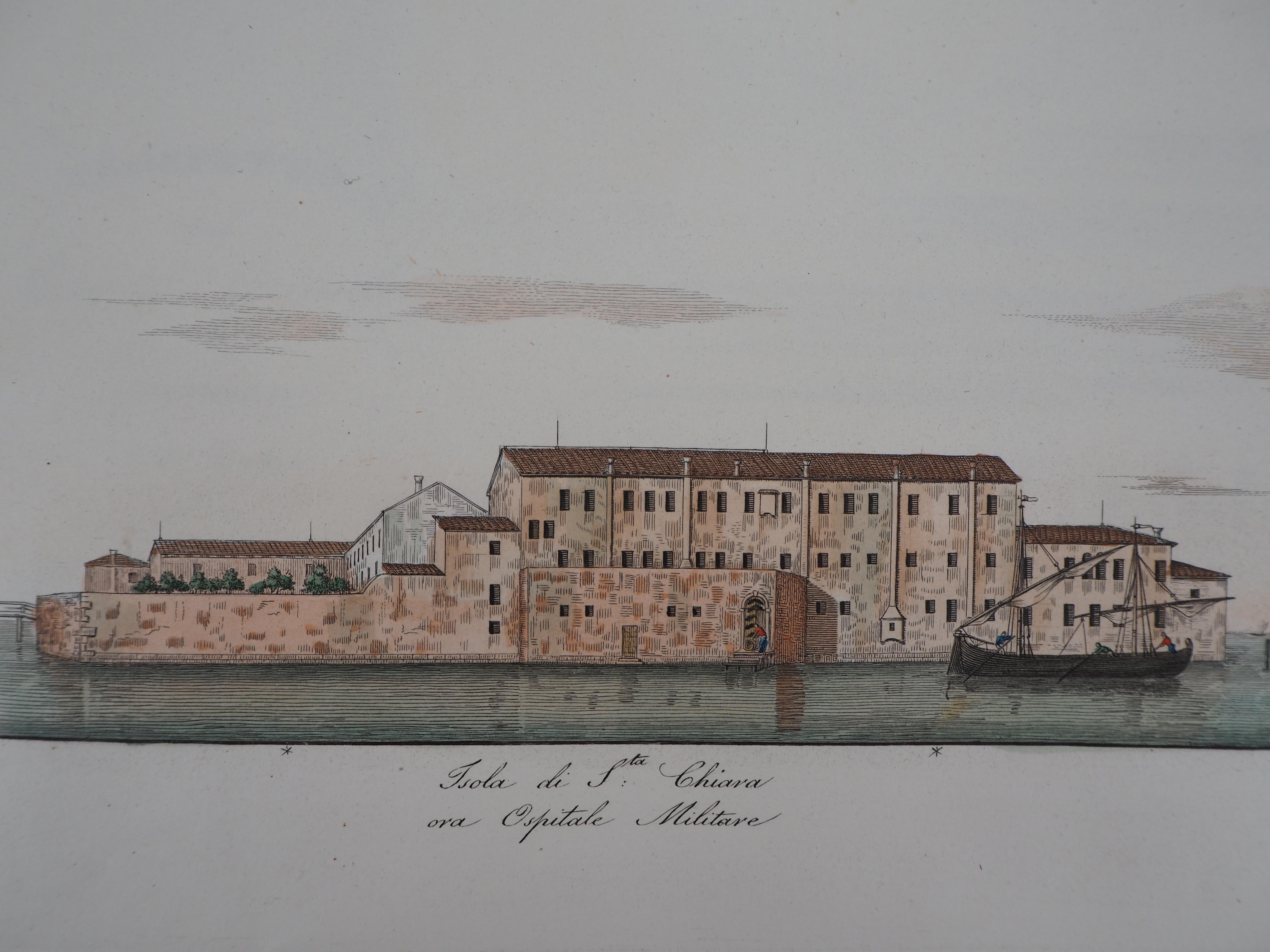 Venice, Santa Chiara Island - Original etching and watercolor, 1831 - Gray Landscape Print by Dionisio Moretti