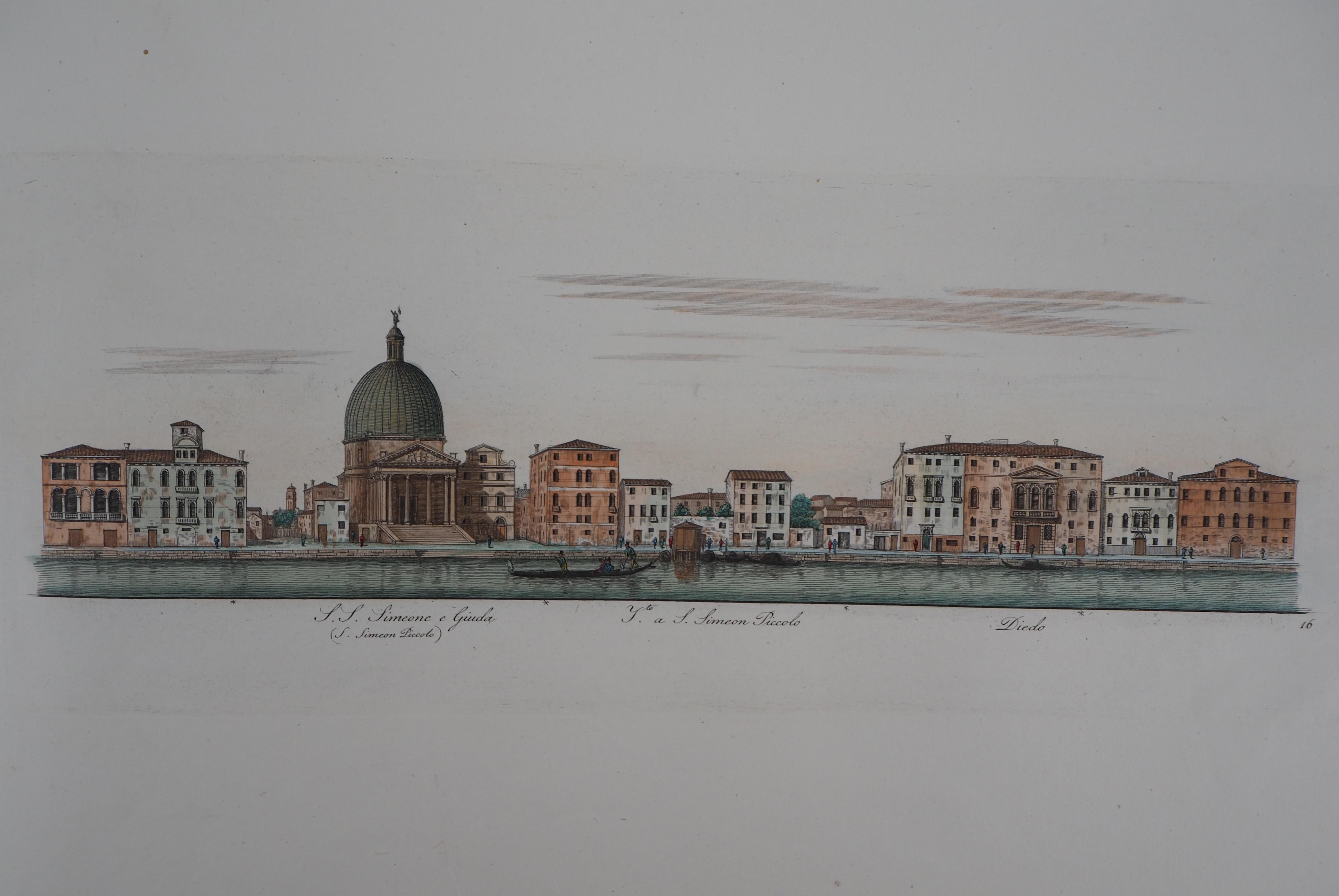 Venice, San Simeone Piccollo Church - Original etching and watercolor, 1831 - Print by Dionisio Moretti
