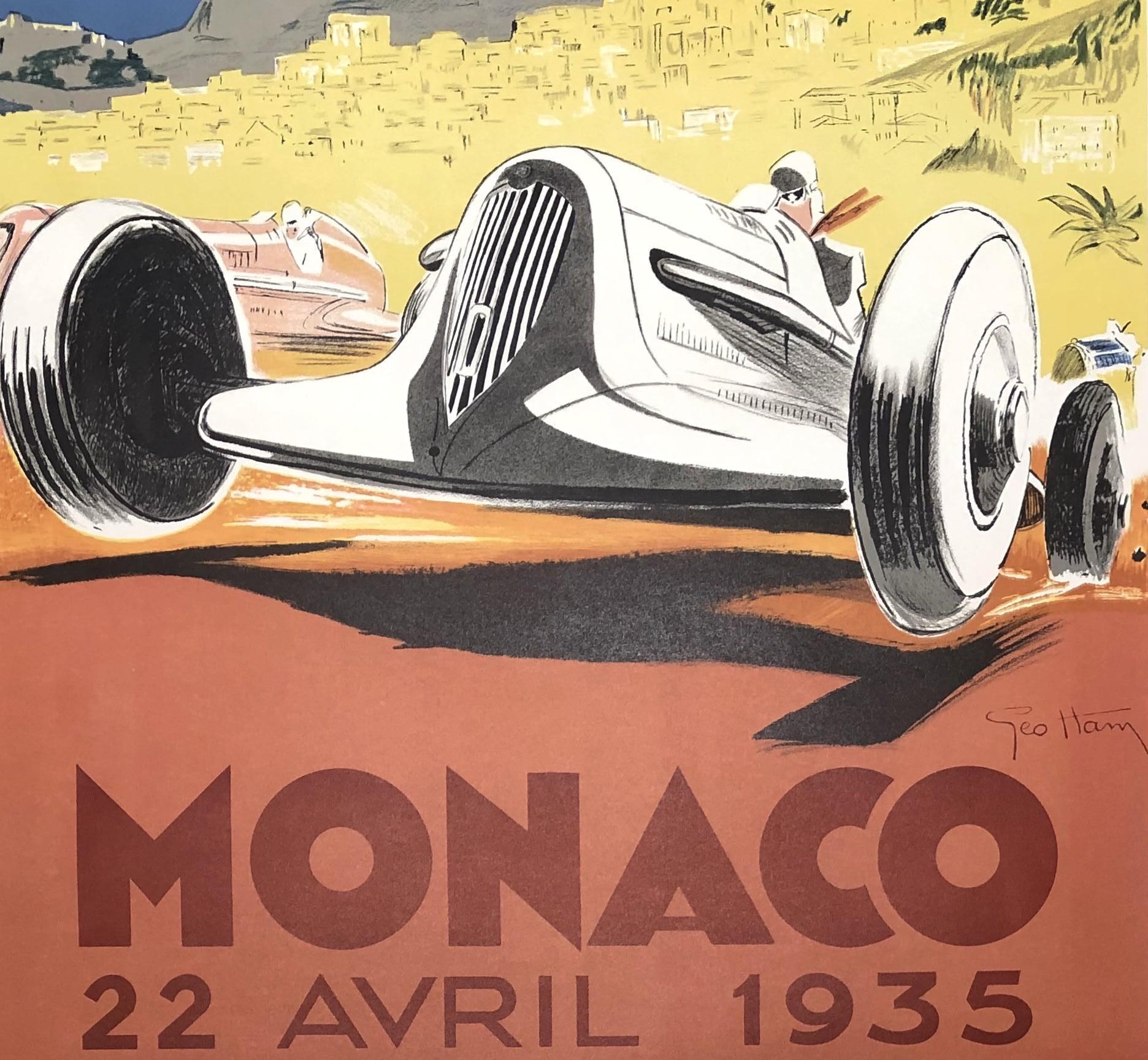 Geo Ham
7th Grand Prix Automobile Monaco 

Lithographic poster,
Size 100 x 70 cm (c. 39,4 x 27,6 in)
Signed in the plate 
Very good condition